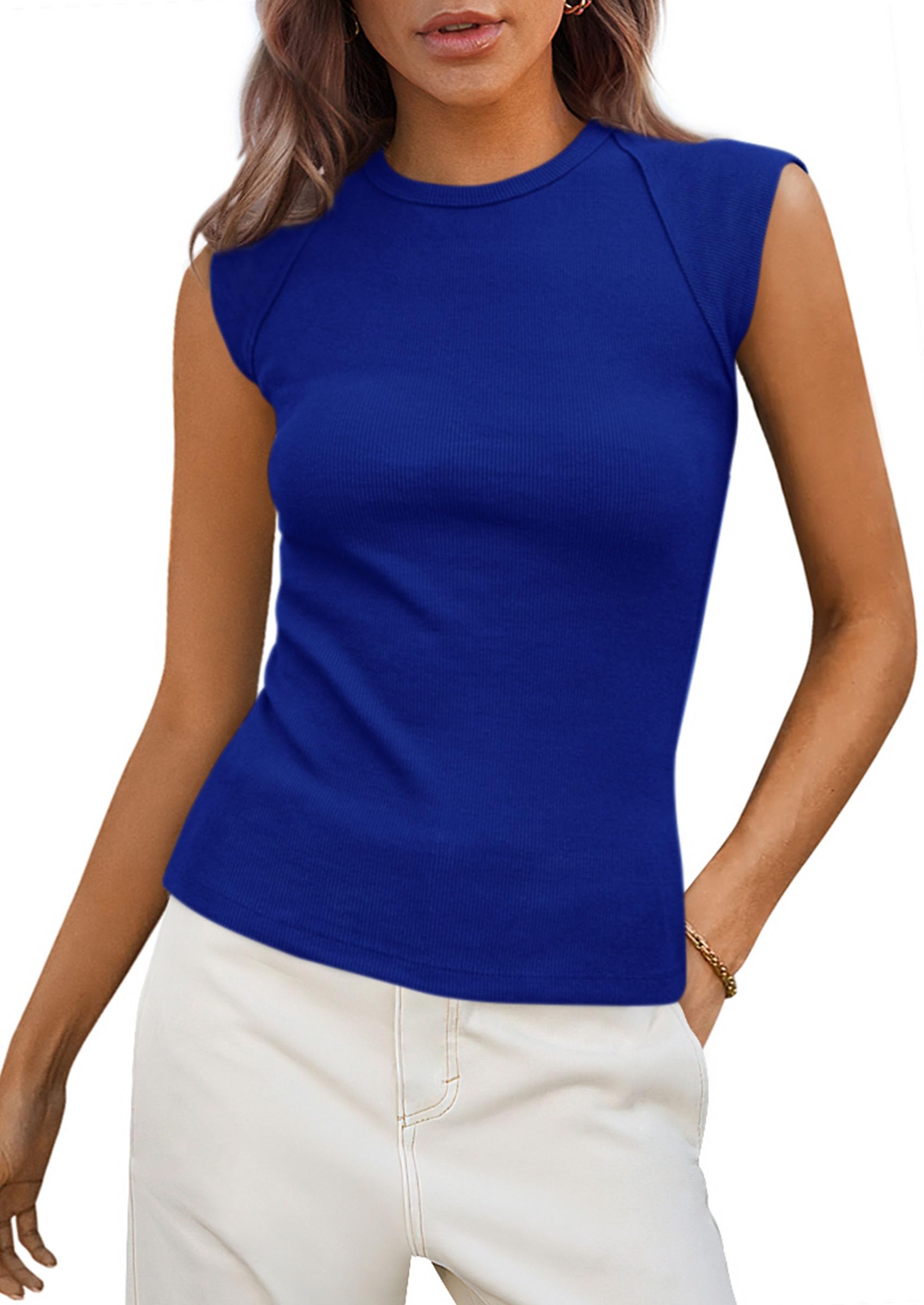 Women's Cap Sleeve Ribbed Tank Tops Summer, Royal Blue,S