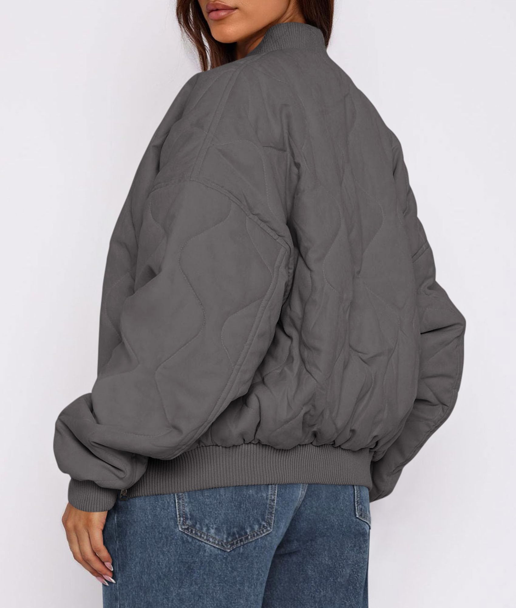 Women's Quilted Bomber Jacket Fall Fashion 2026 Lightweight Cropped Zip up Outerwear Winter Puffer Coats Pockets (Dark Grey,Small)