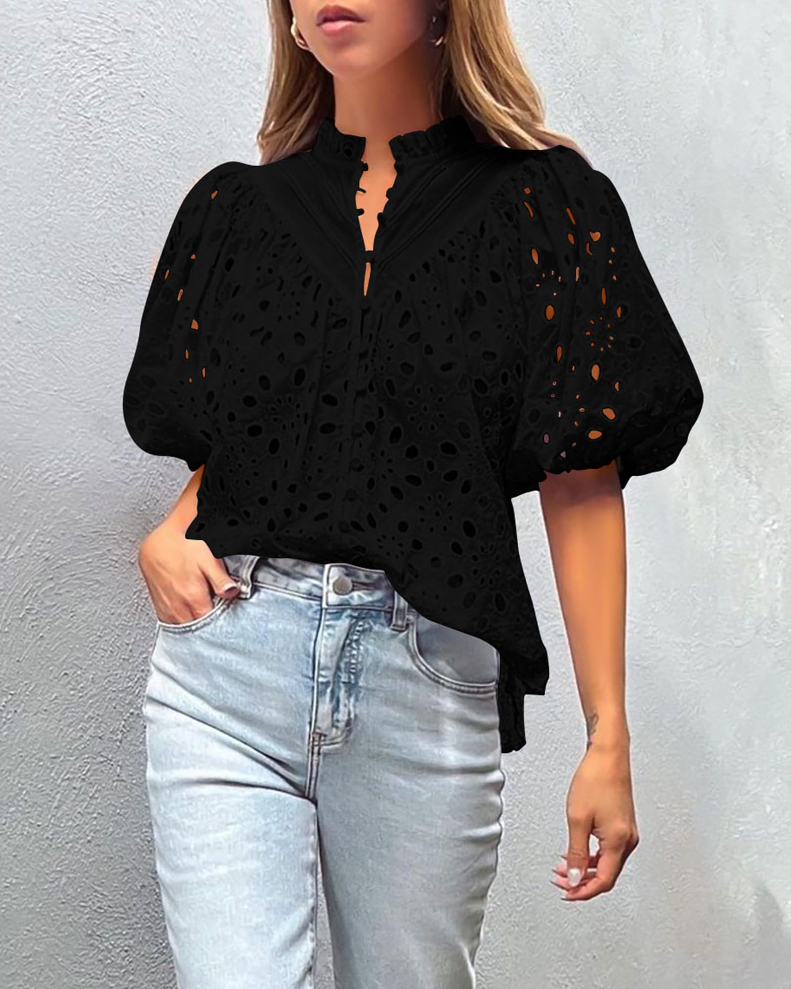 Womens Tops Boho Eyelet Puff Sleeve Blouse, Black,S
