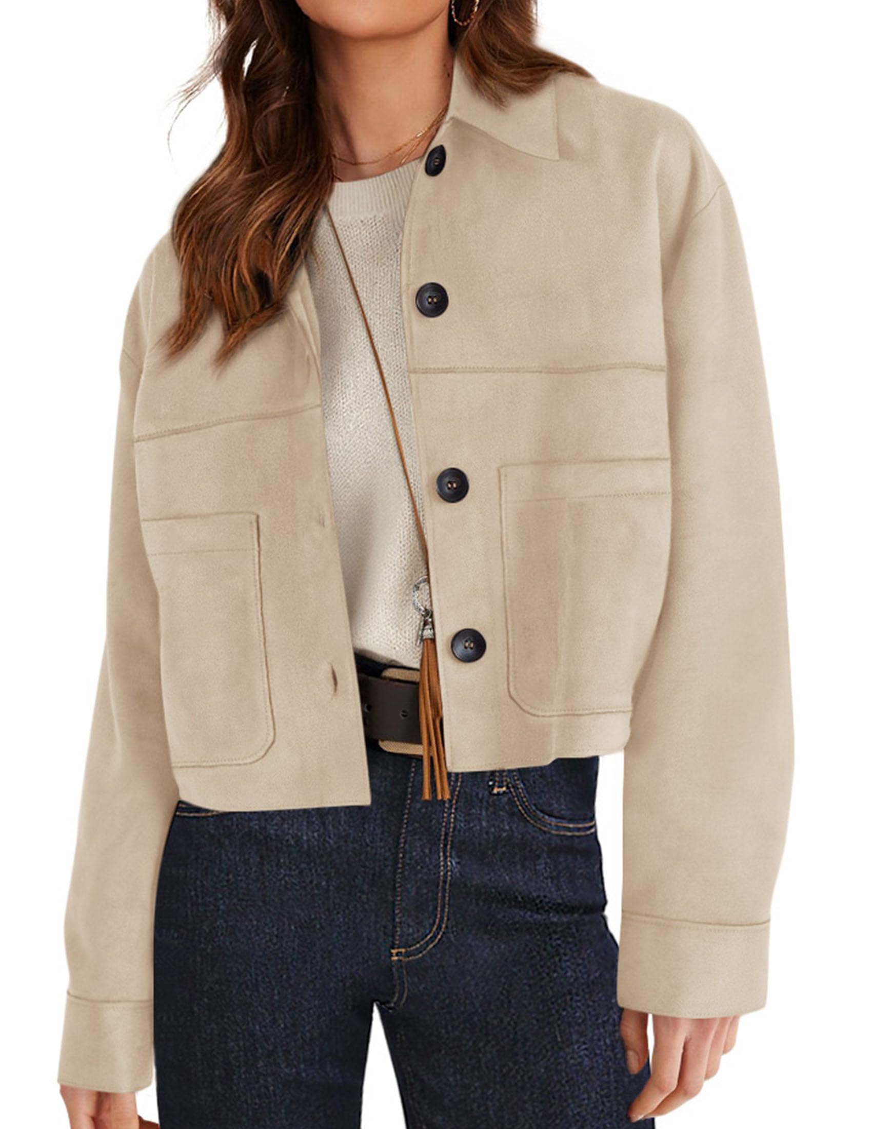Women's Faux Suede Shacket Jackets Lightweight Cropped Coats