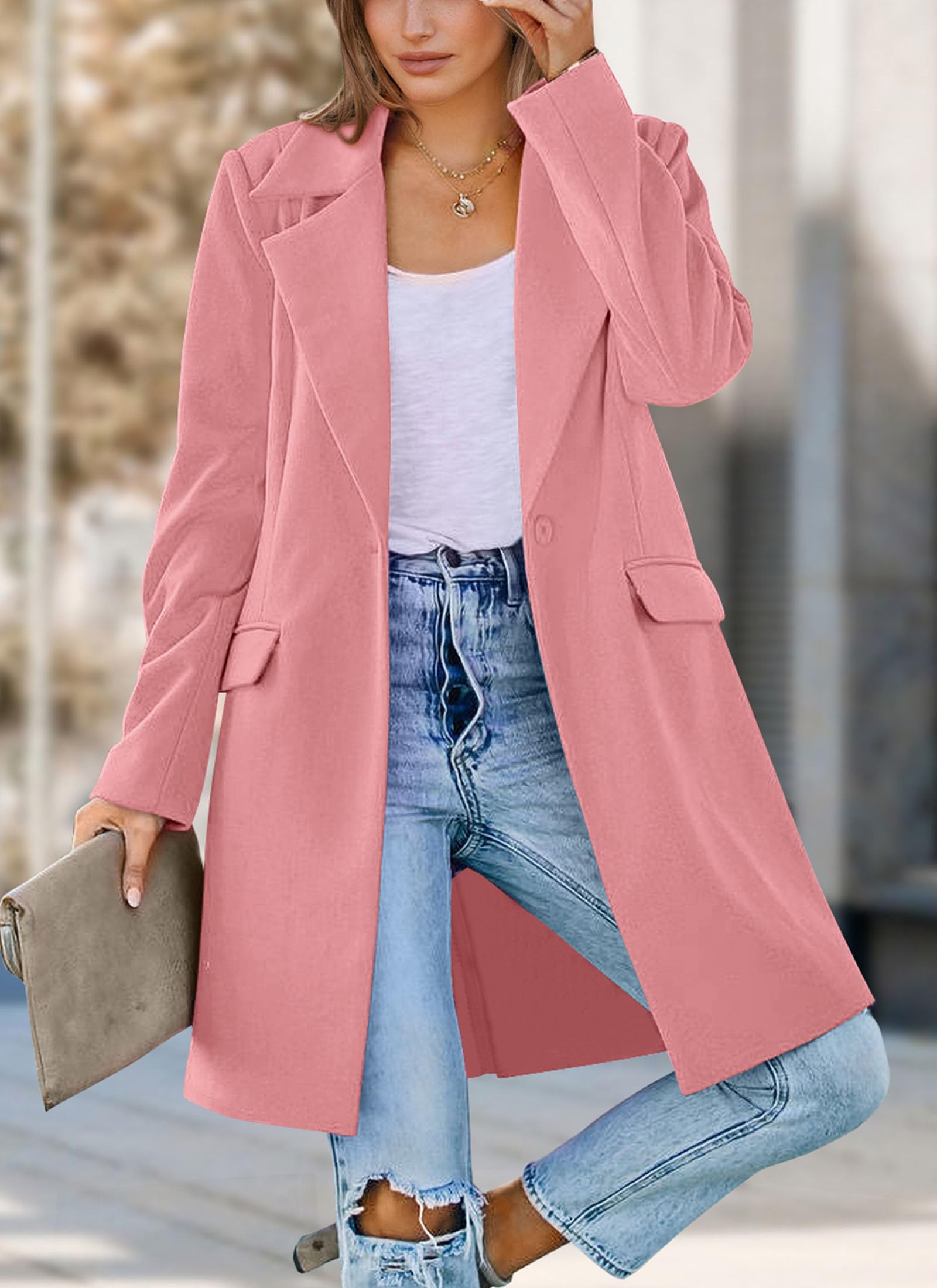 Women's Business Casual Long Blazer Jackets(Dusty Pink,S)