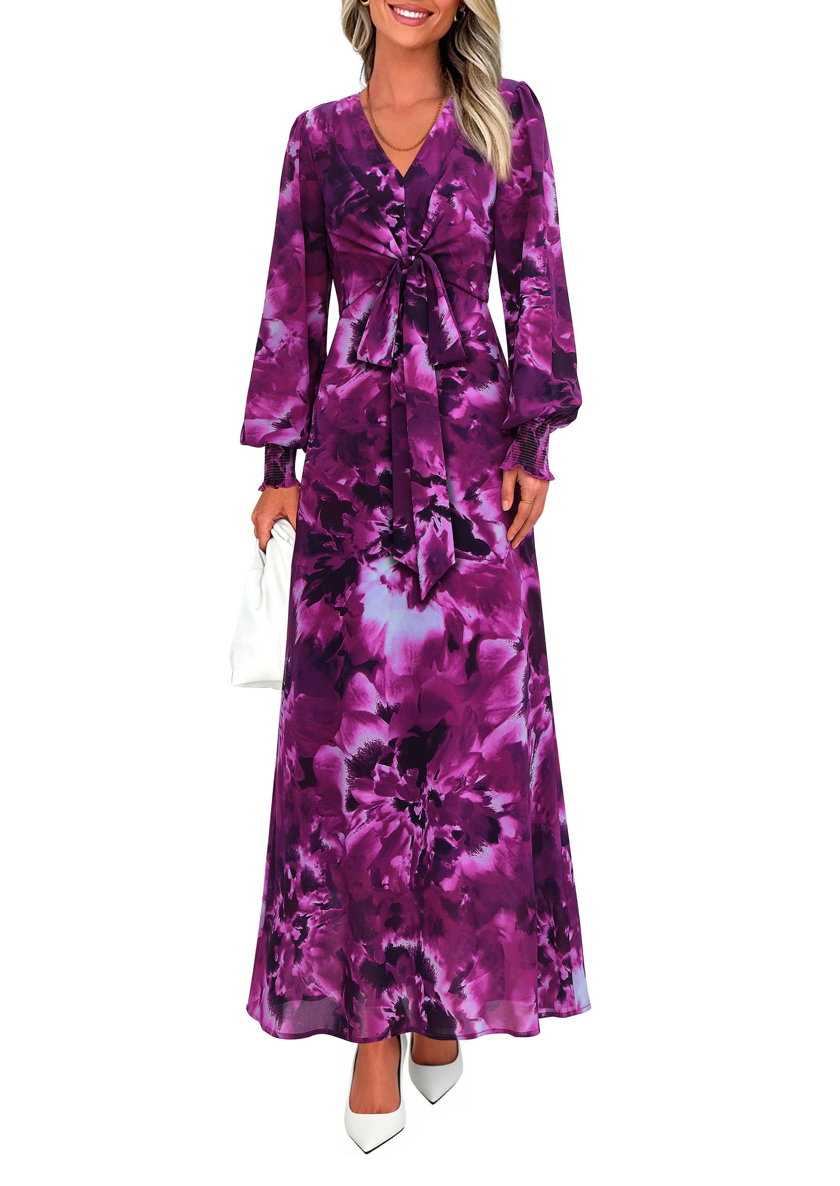 Women's Tie Waist Floral Maxi Dress,Floral Purple,S