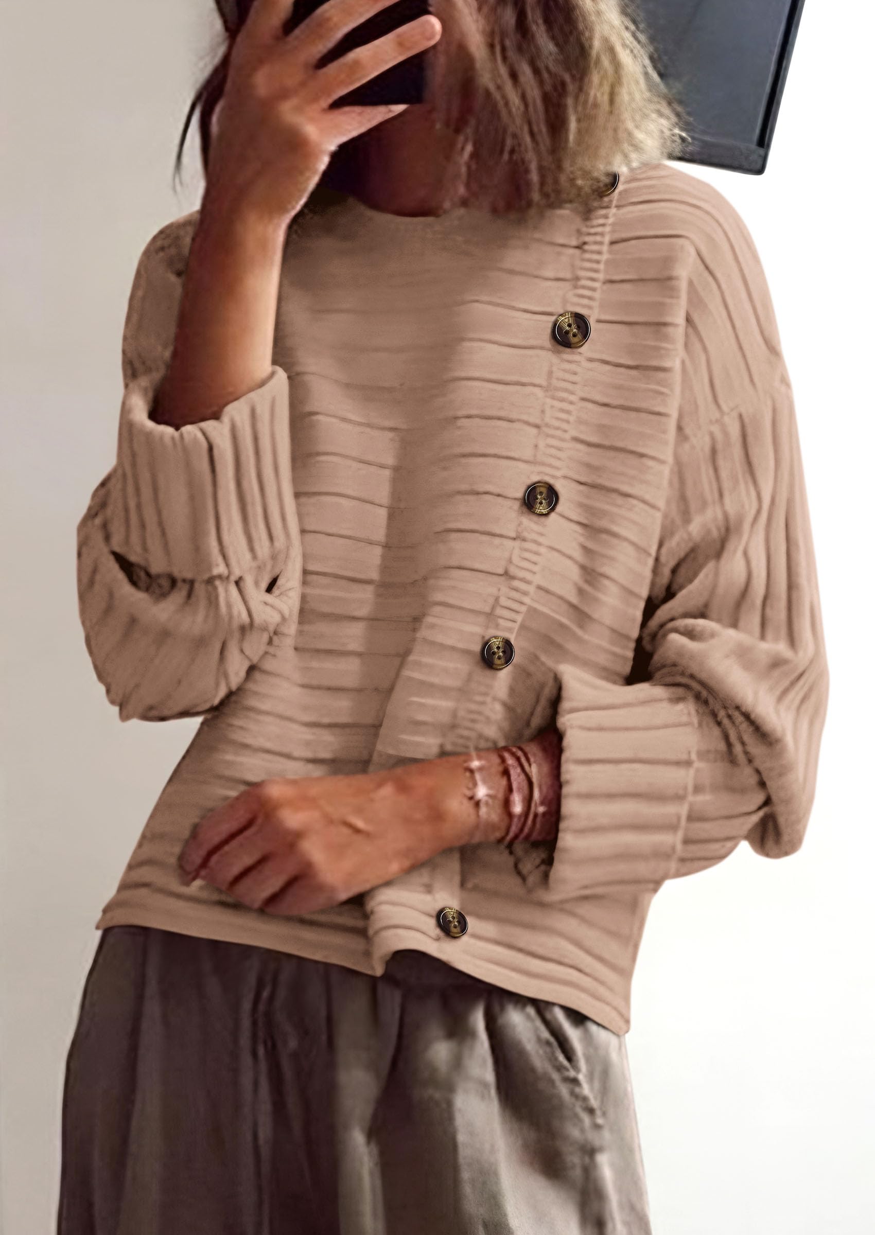 Womens Asymmetric Button Long Sleeve Sweater,Khaki,S