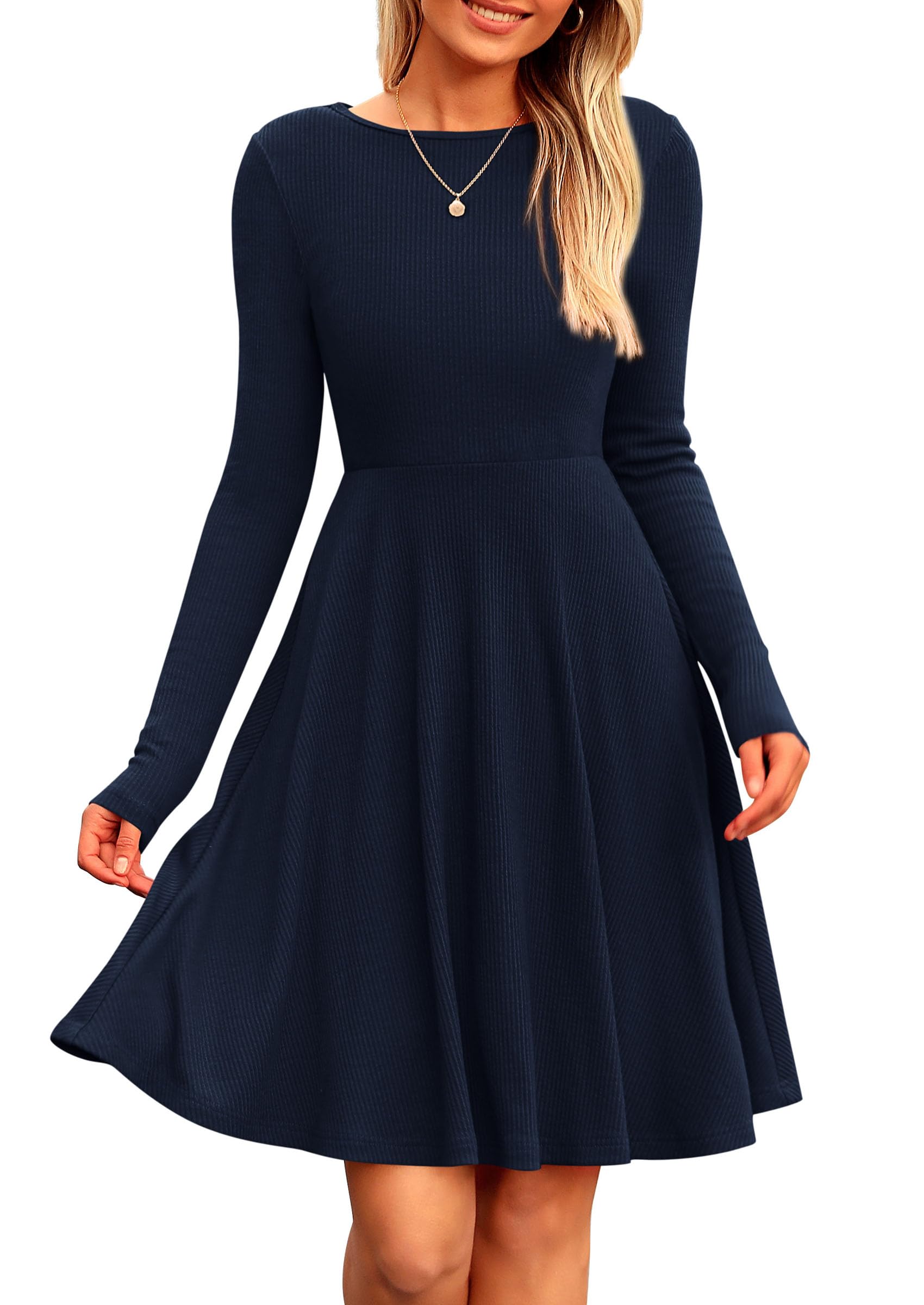Women's Fall Casual Long Sleeve Short Dress (Navy,S)