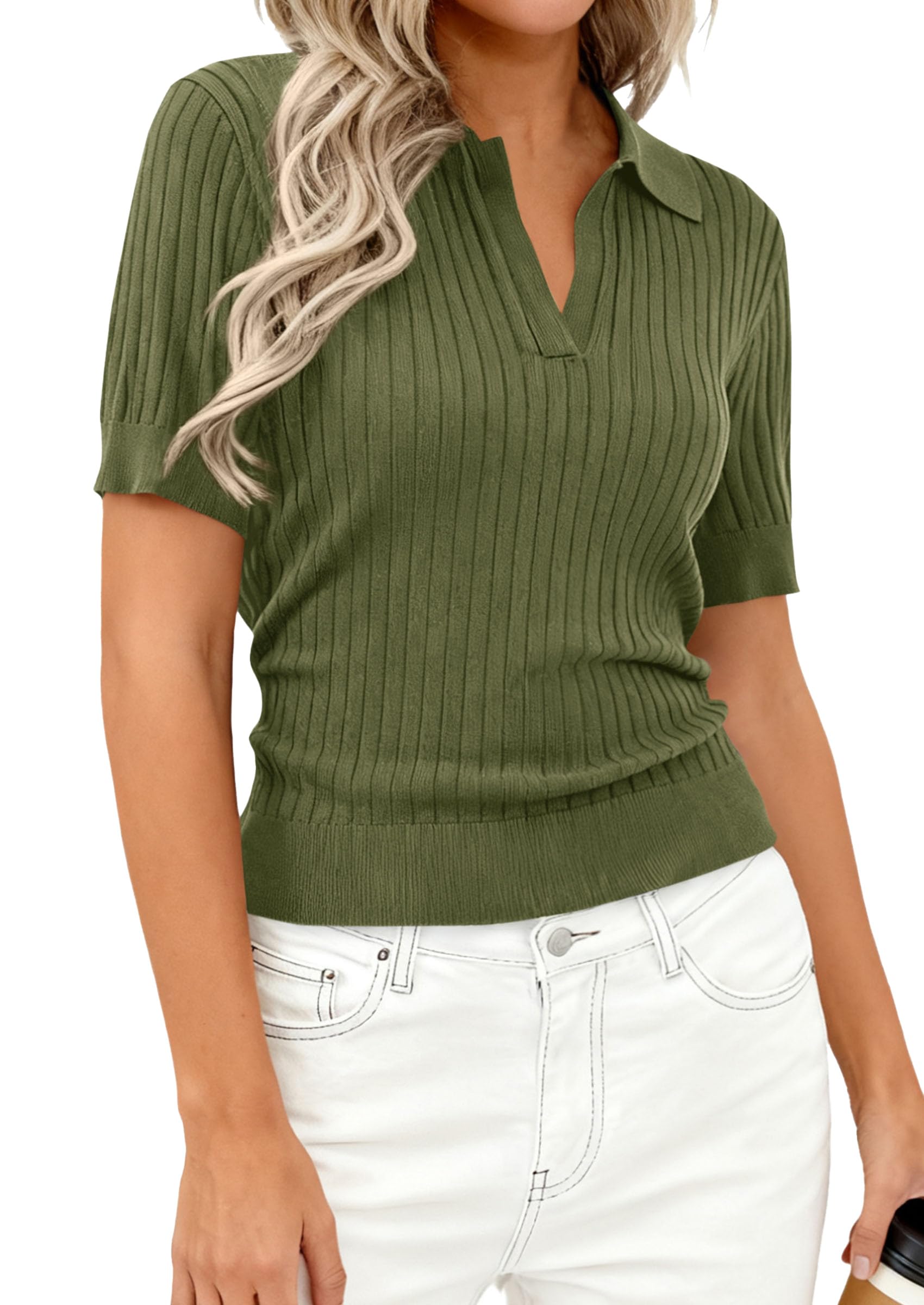 Women's Short Sleeve Sweater Polo Shirts,Army Green,XS