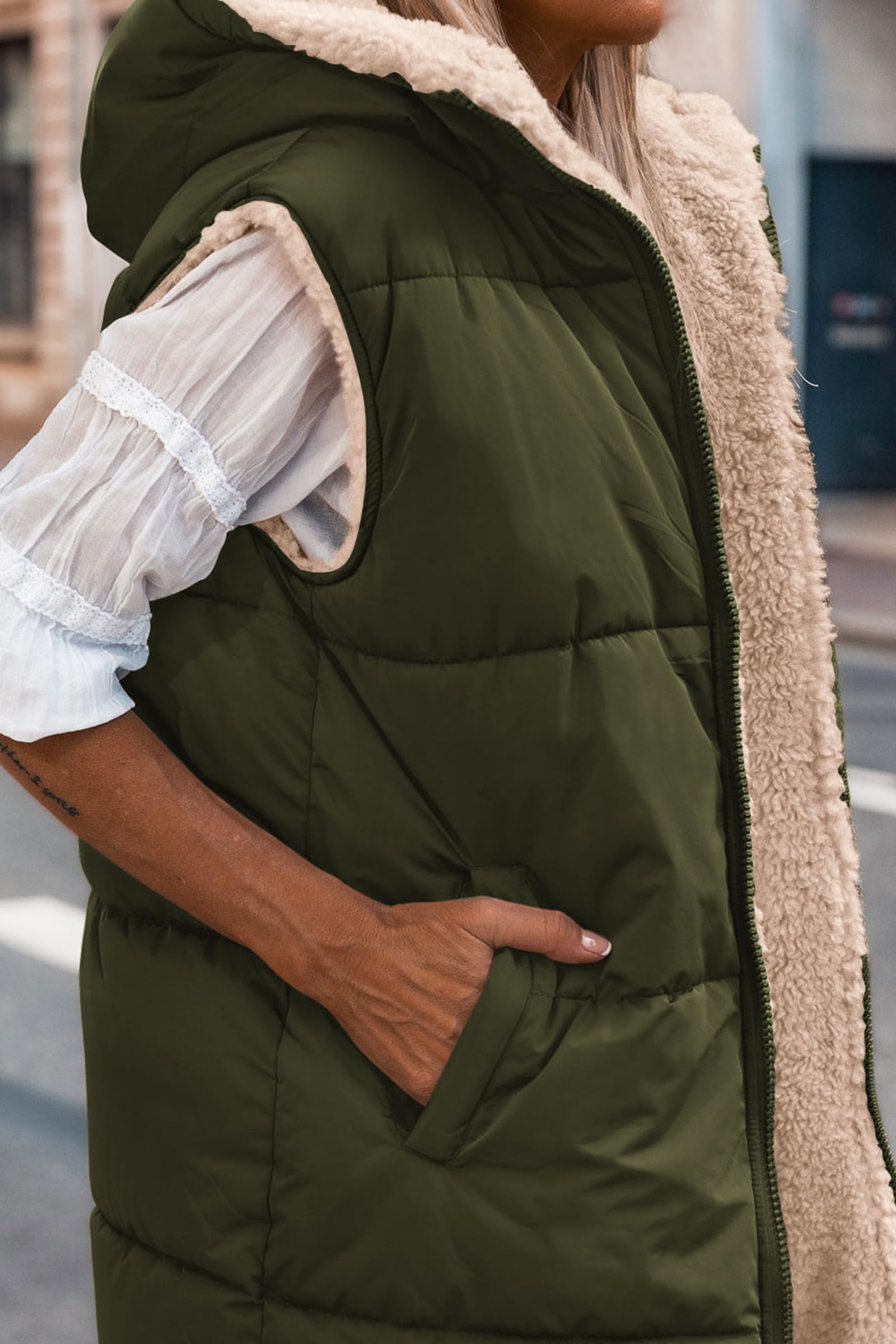 Women's Winter Reversible Fleece Long Vests(Army Green,S)