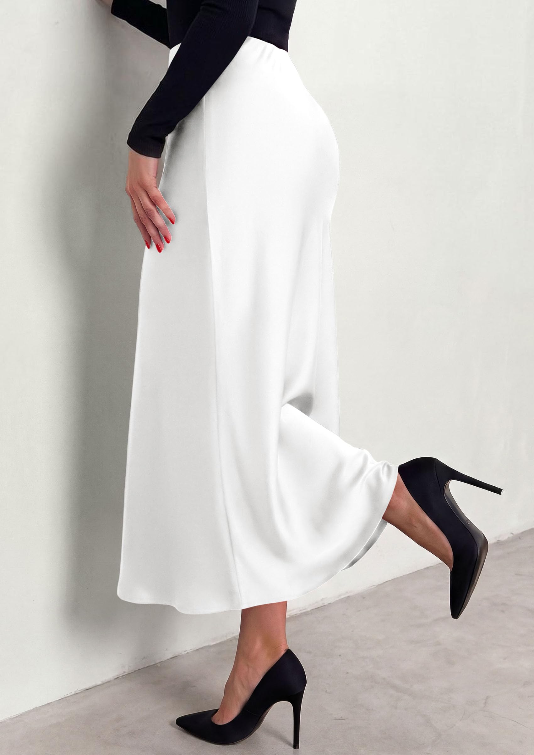 Women's Silk Satin Maxi Skirts Fall Clothes (White,S)