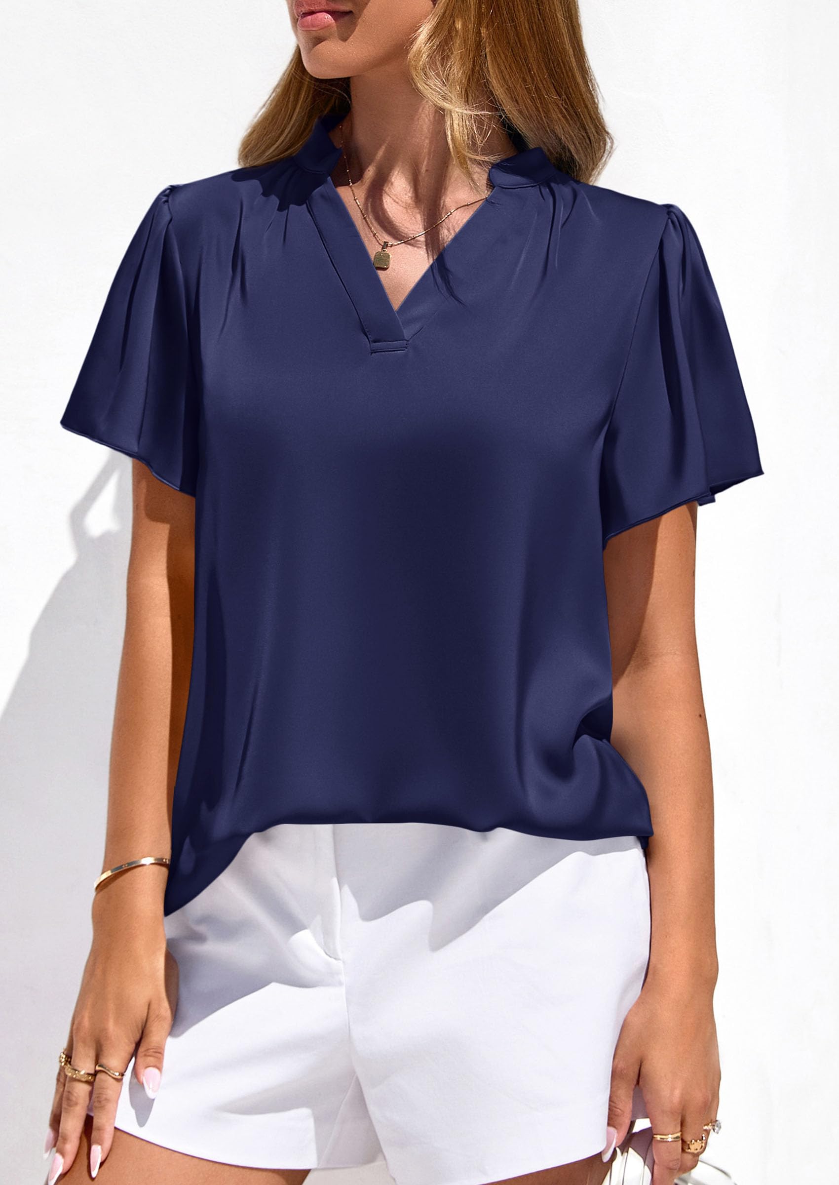 Women's Summer Satin Dressy Casual Blouses (Royal Blue,S)