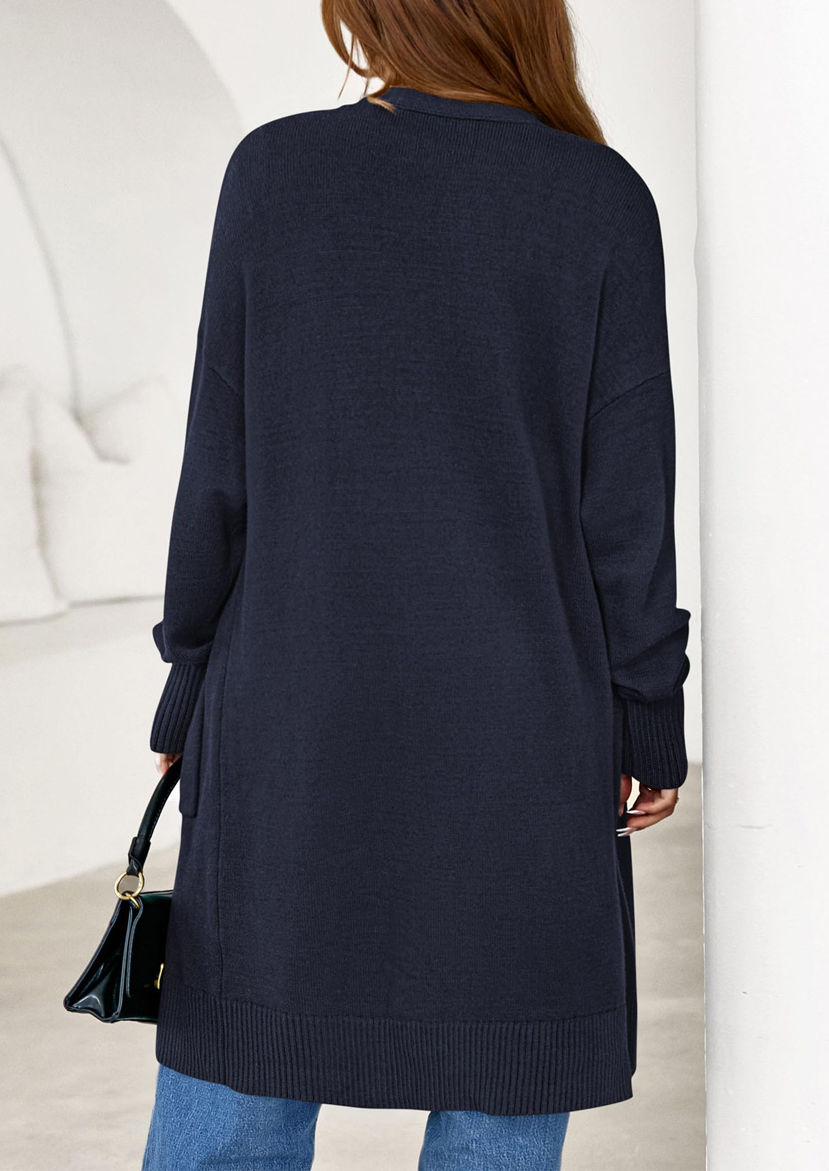 Women's Oversized Open Front Long Knit Cardigan,Navy,S