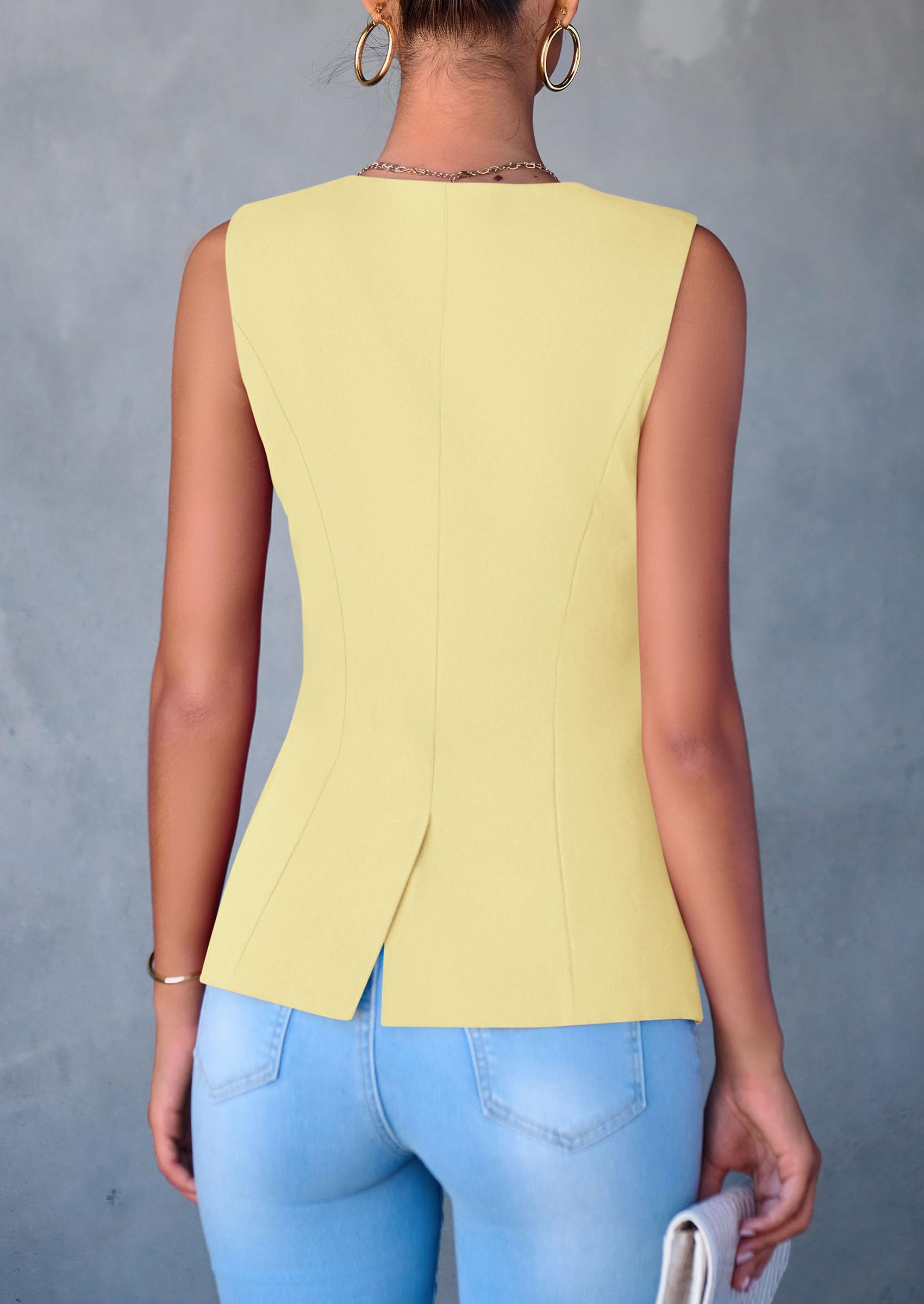 Women Tailored Suit Vest Business Casual Tops, Yellow,S