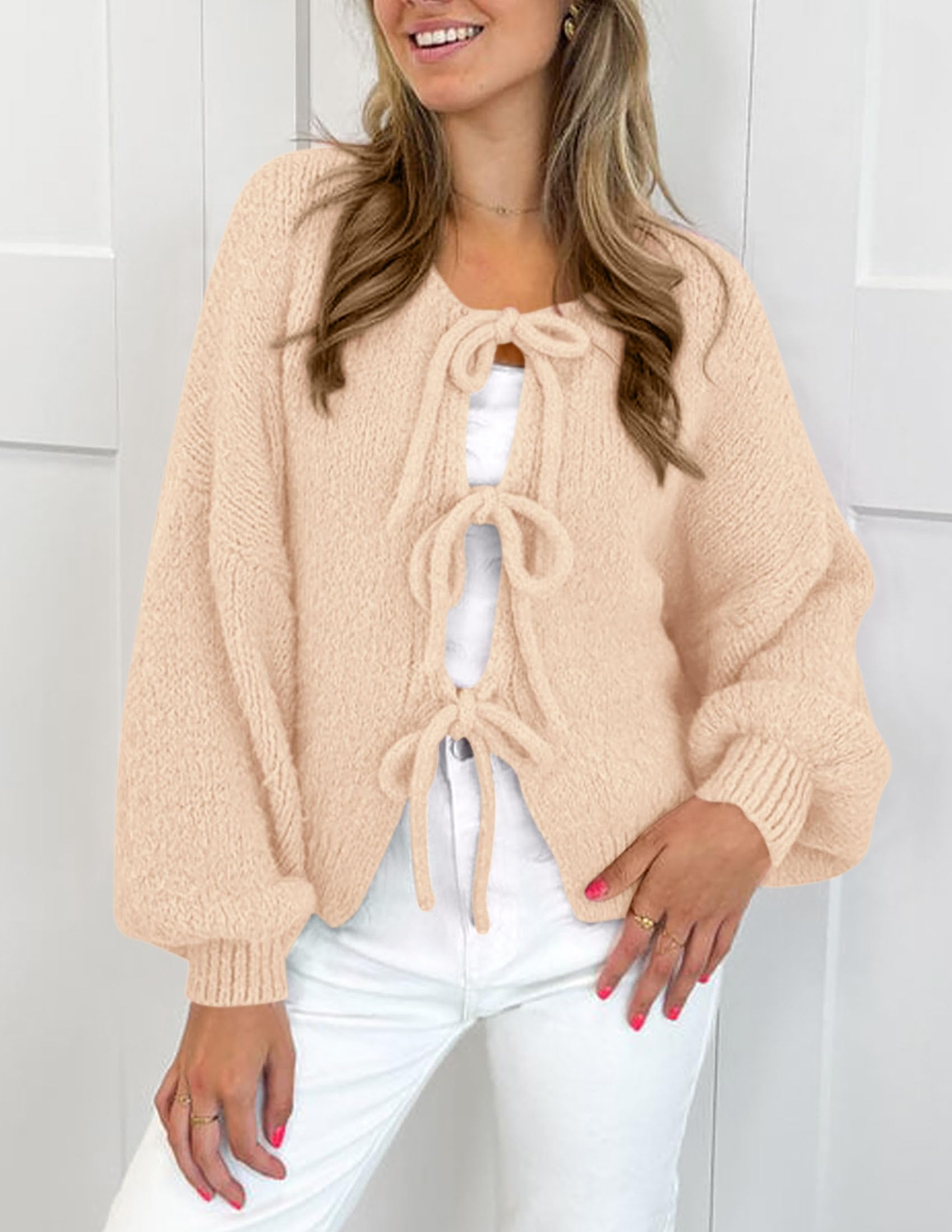 Women's Tie Front Bow Cardigan Sweaters(Apricot,Small)