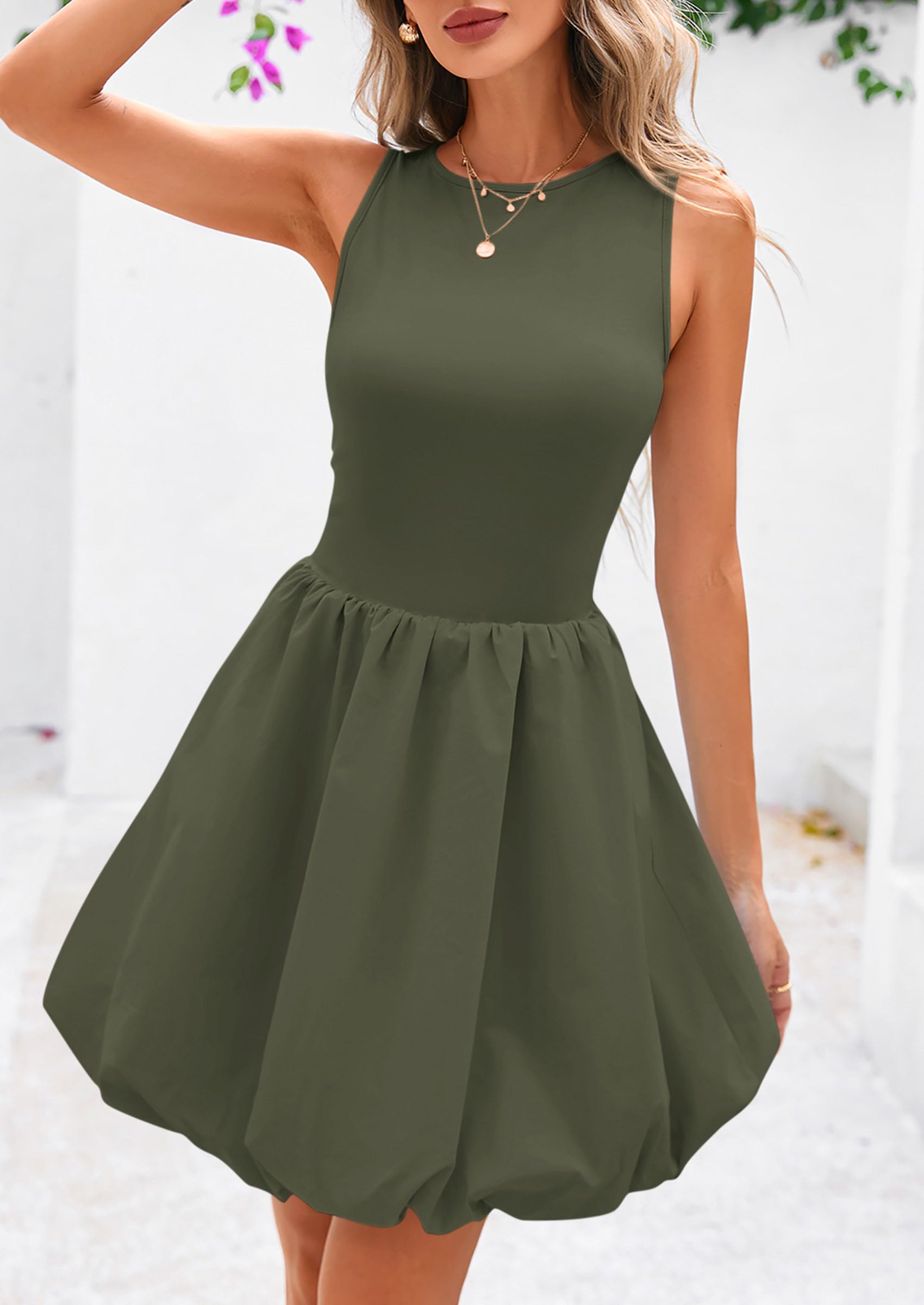 Womens Summer Bubble Sleeveless Mini Dress,Army Green,S