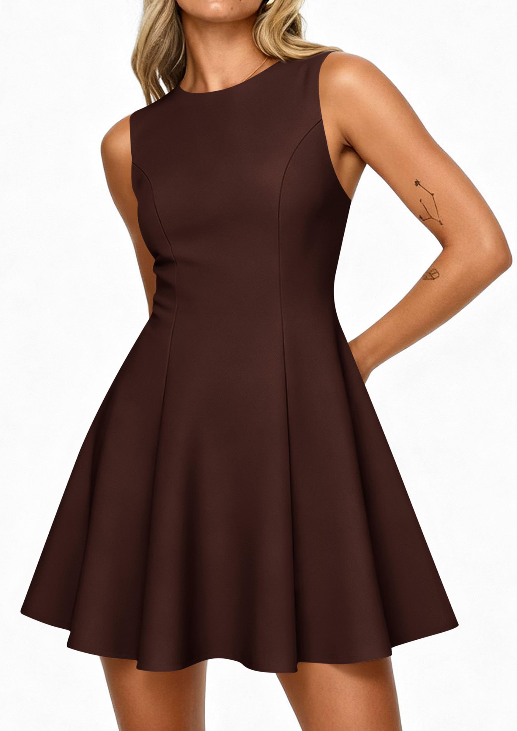Women's Formal Boat Neck A Line Mini Dress,Brown,XS