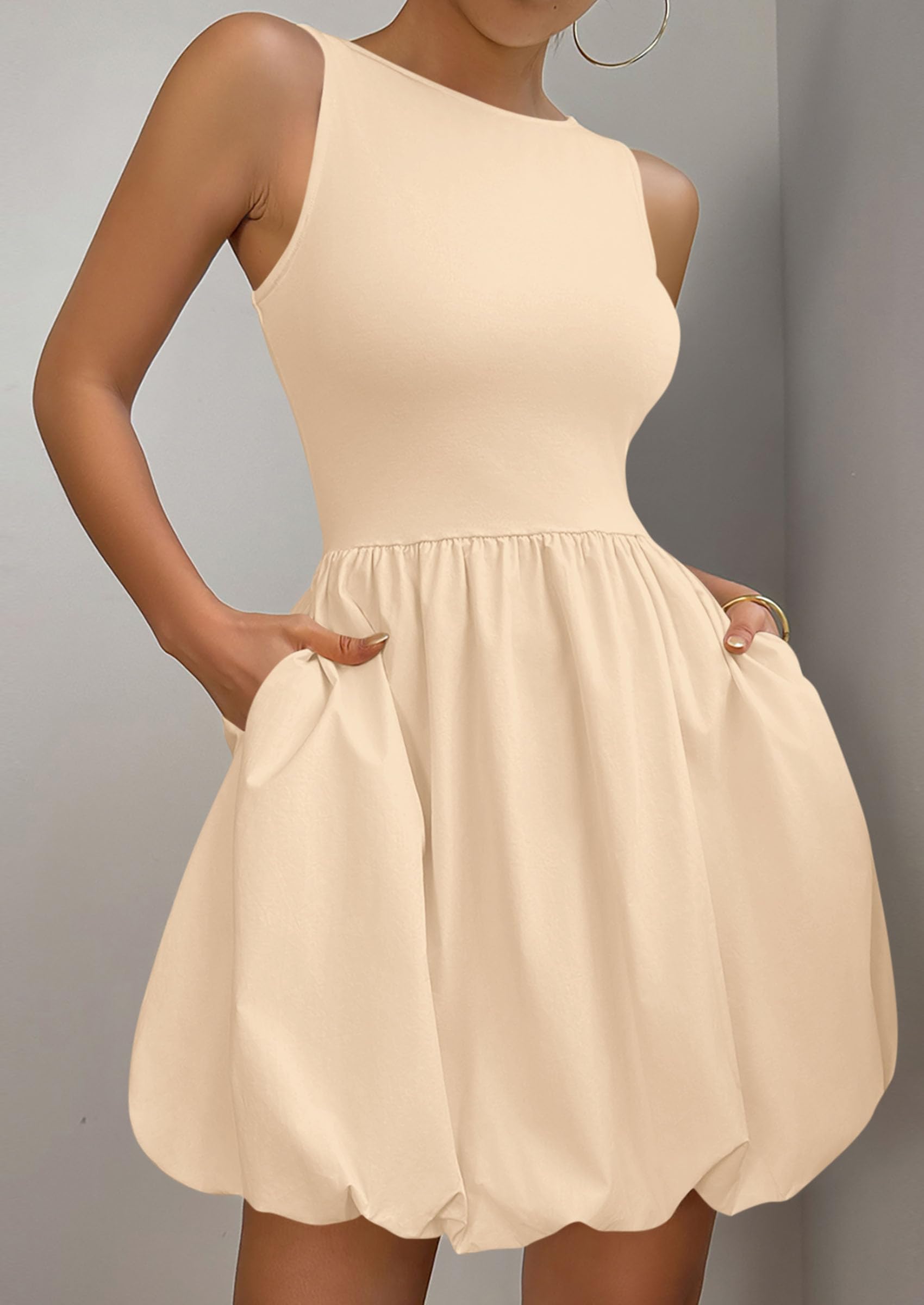 Womens Summer Bubble Sleeveless Mini Dress,Apricot,S