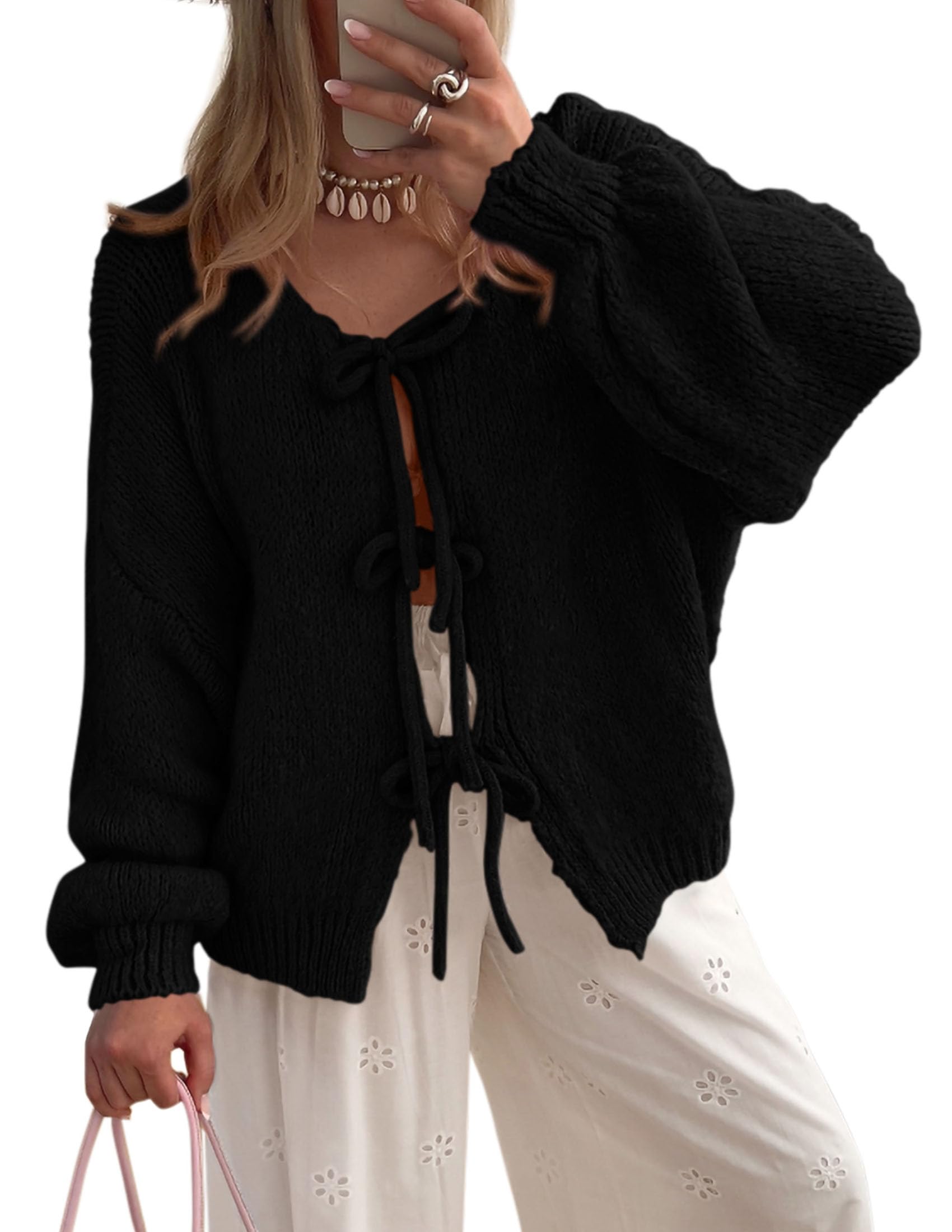 Women's Tie Front Bow Cardigan Sweaters(Black,Small)