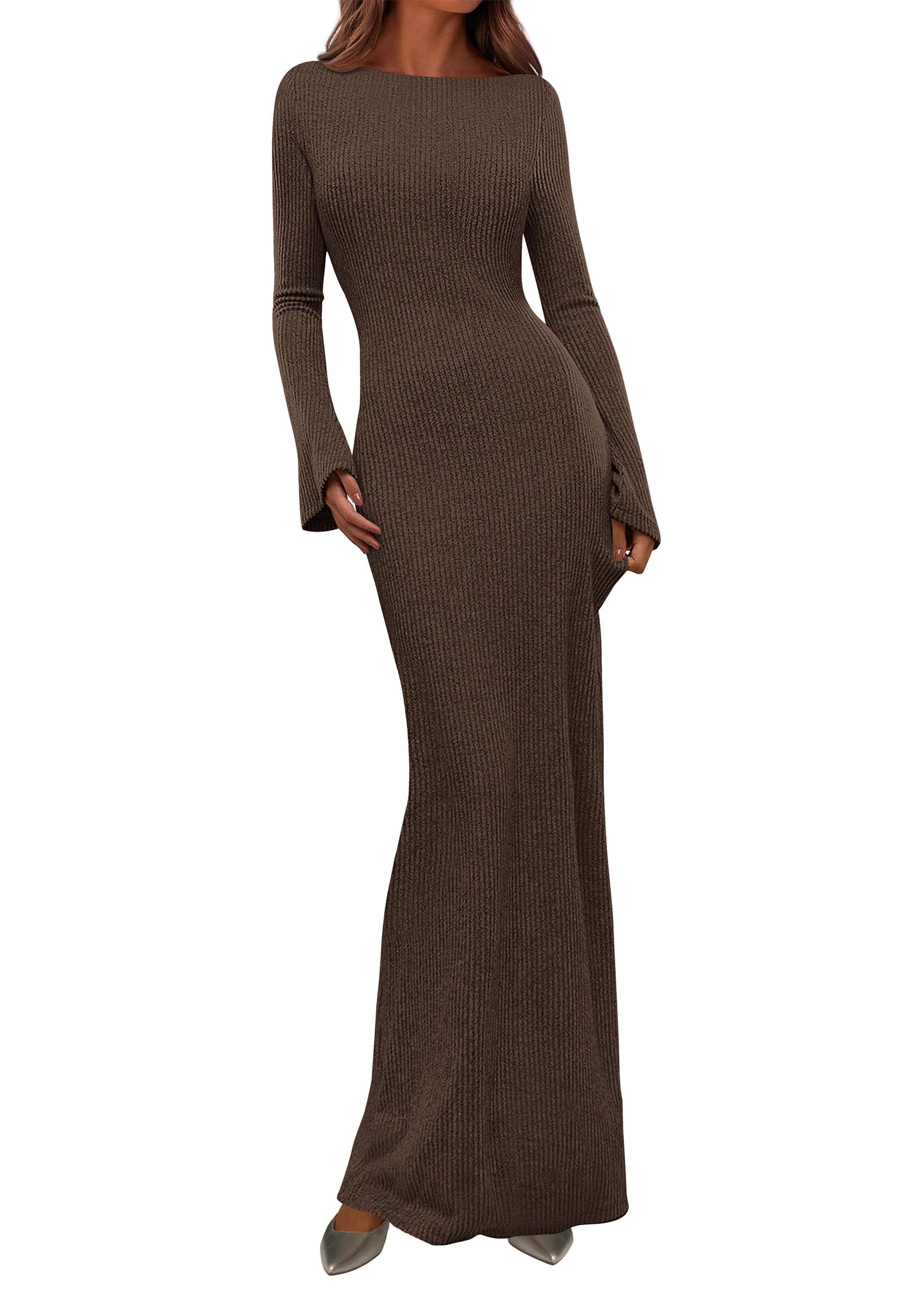Women's Fall Long Sleeve Bodycon Maxi Dresses (Dark Brown,XS)