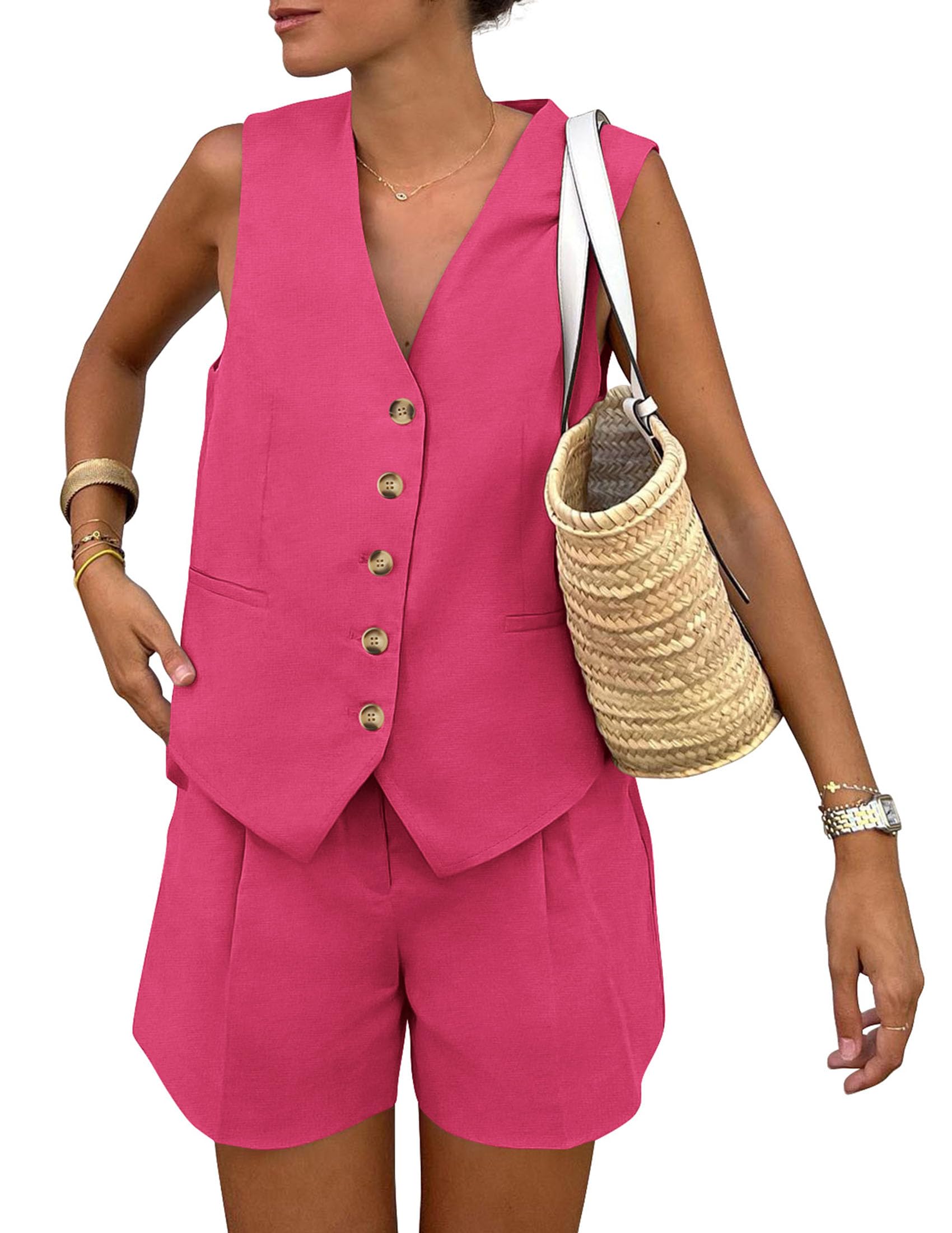 Women's Summer Two Piece Outfits Sets (Rose Red,X-Small)