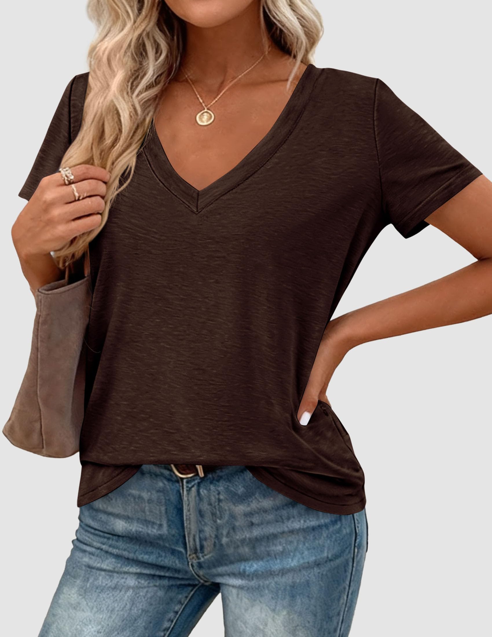 Womens Tops Short Sleeve Oversized Tshirts, Dark Brown,S