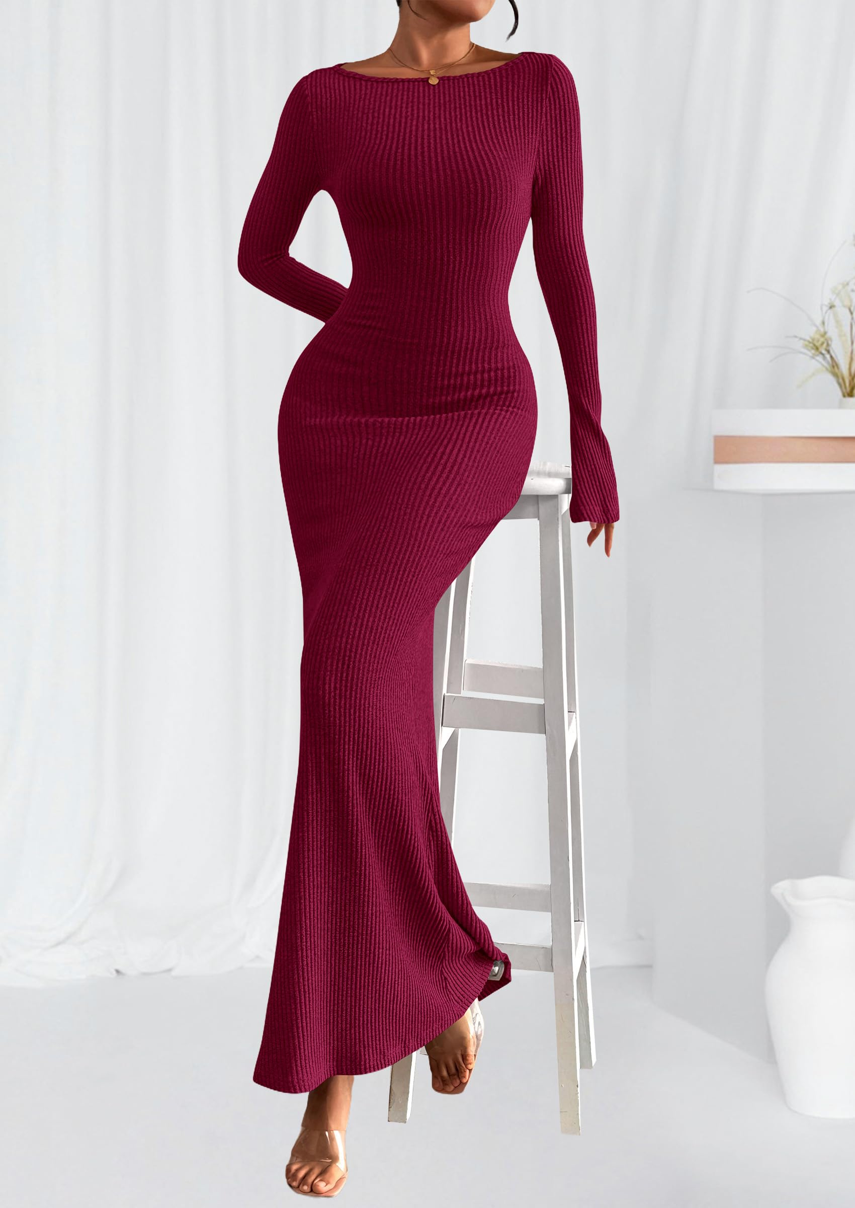 Women's Fall Long Sleeve Bodycon Maxi Dresses (Burgundy,XS)