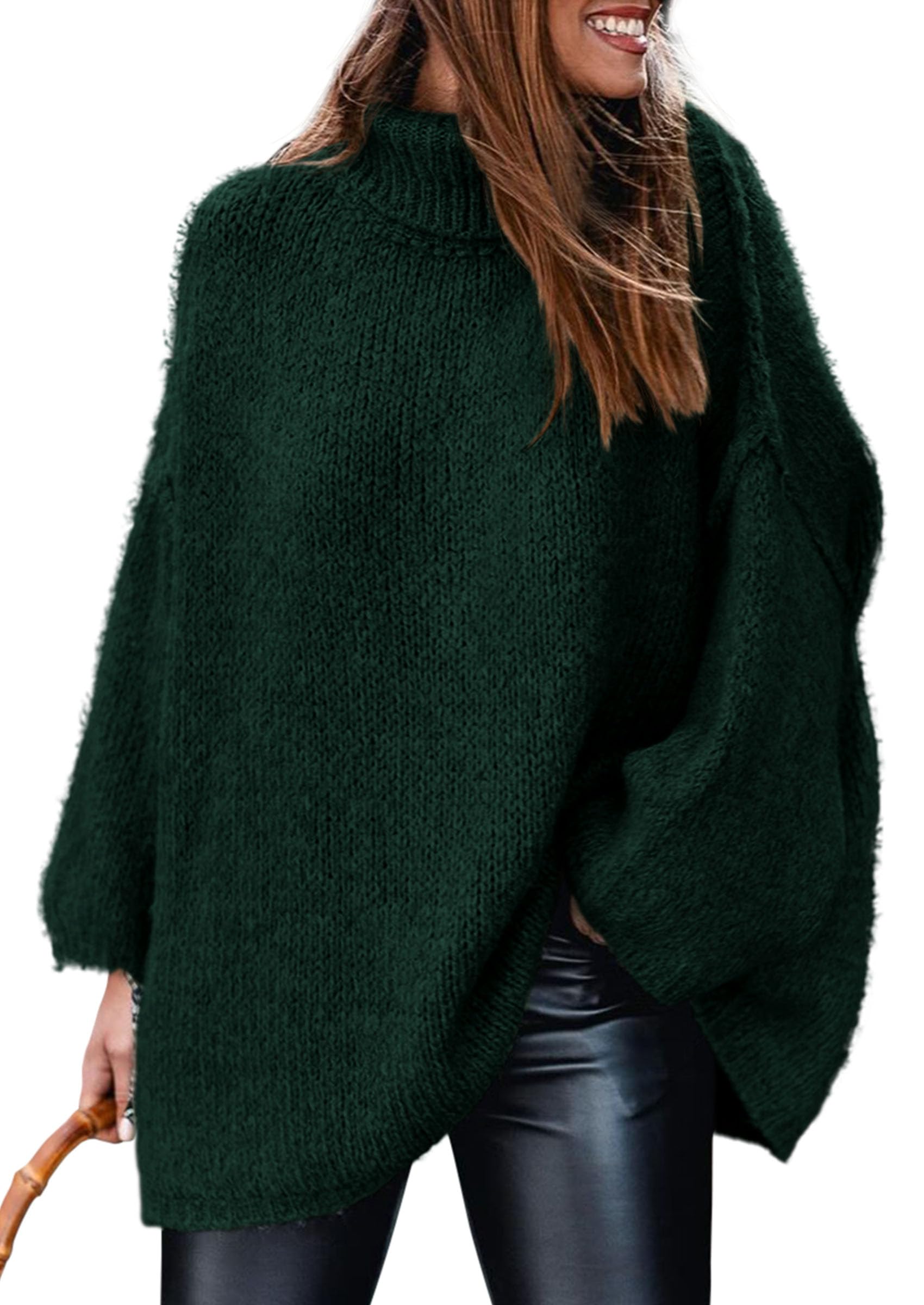 Womens Turtleneck Long Sleeve Oversized Sweaters,Dark Green,S