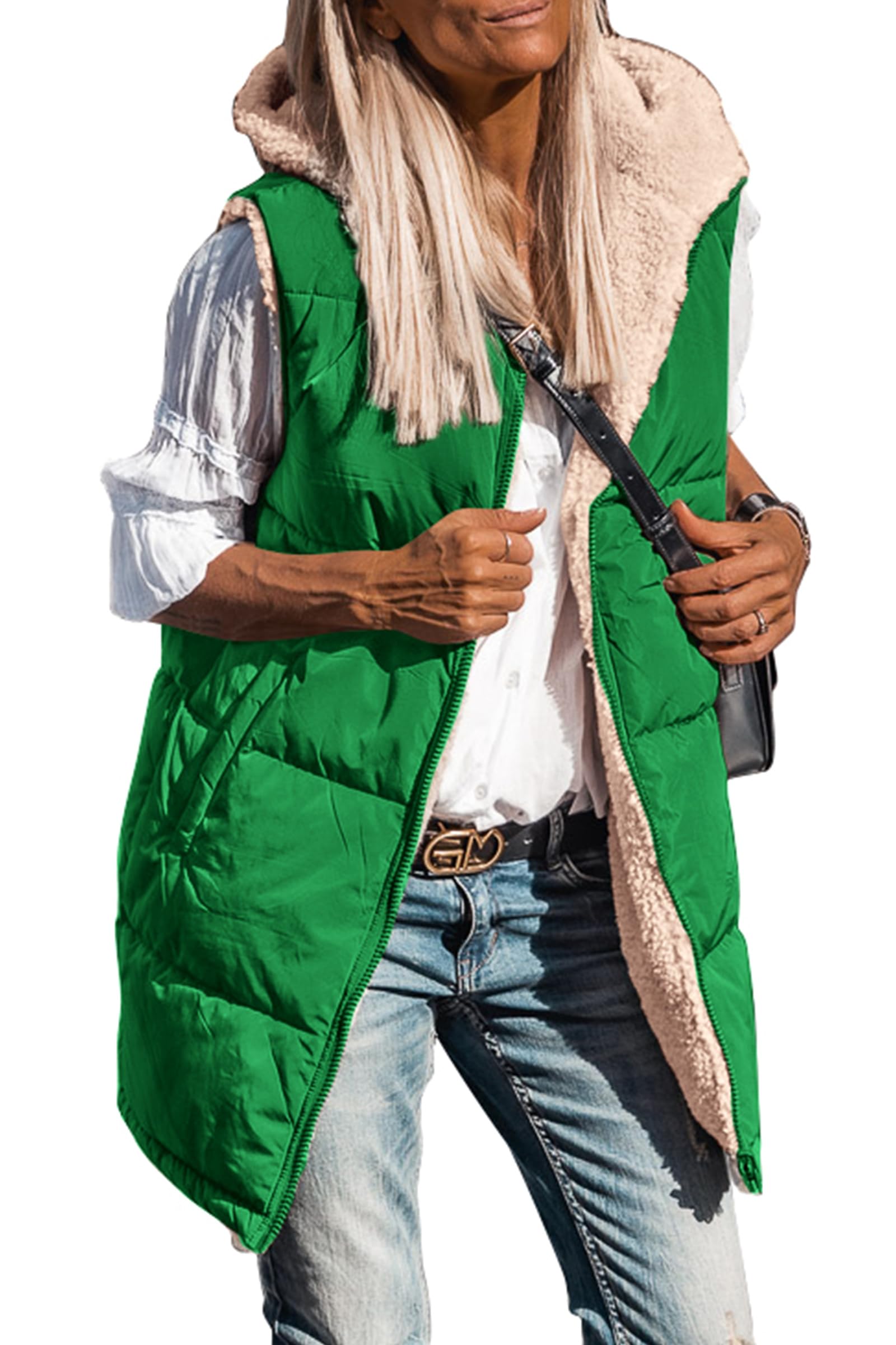 Women's Winter Reversible Fleece Long Vests(Green,S)