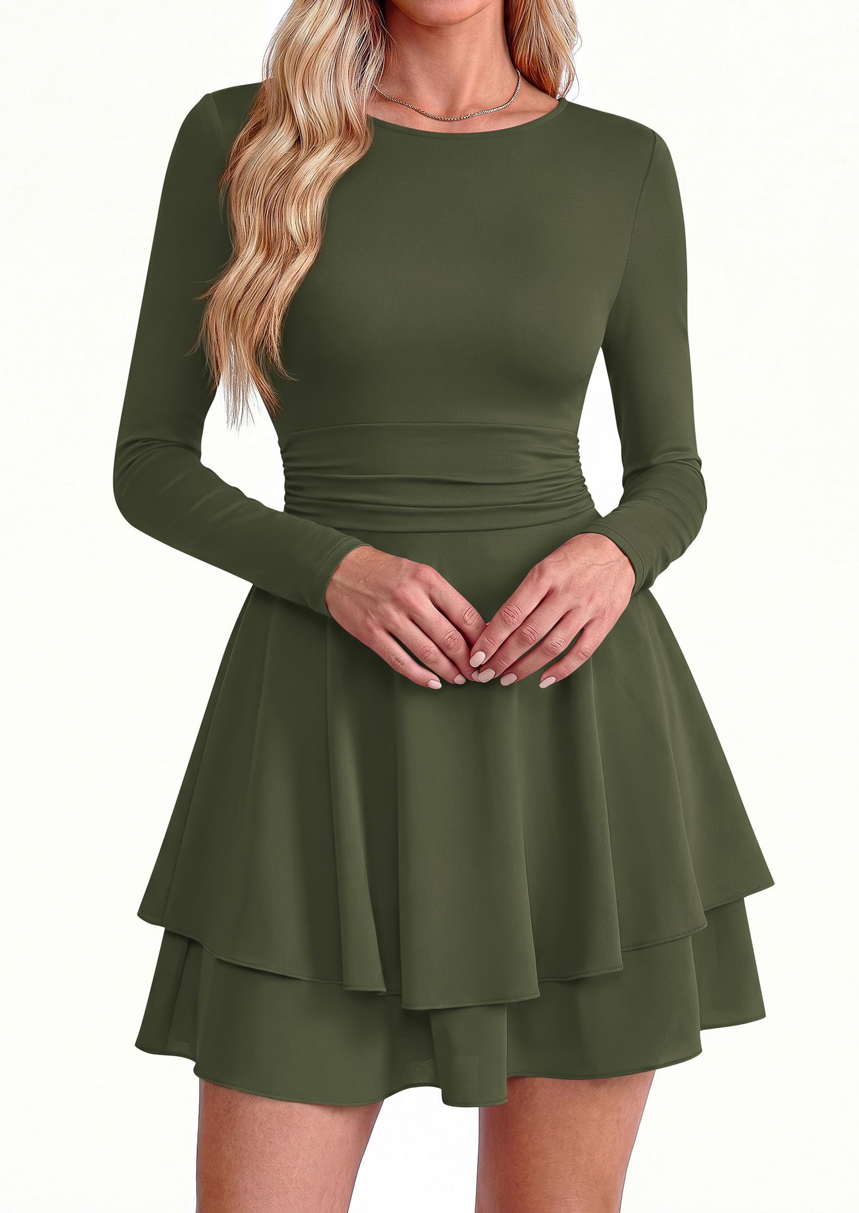 Womens Fit and Flare Crewneck Long Sleeve Mini Dress
