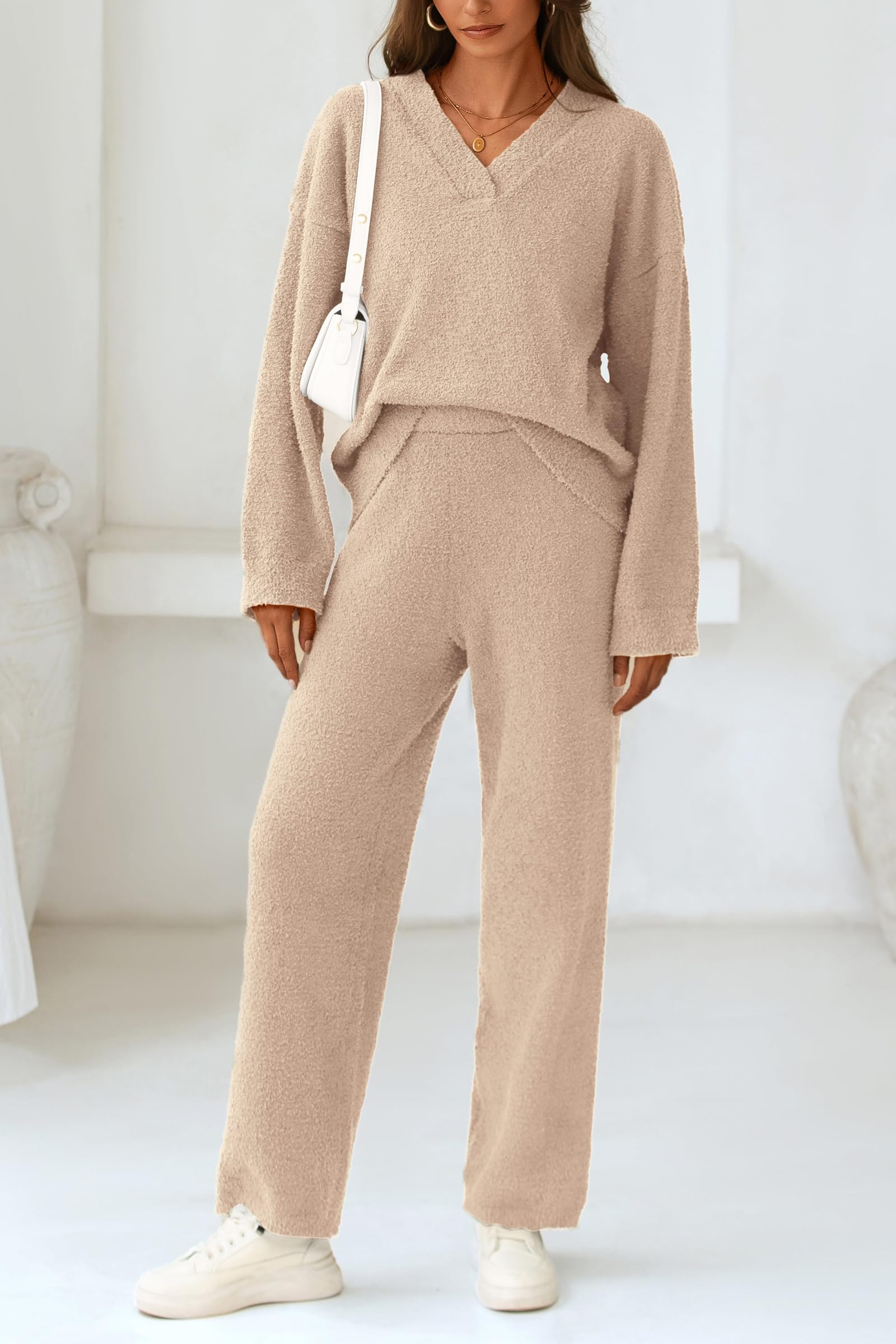 Lounge Sets for Women Fall 2 Piece Fuzzy Sweater Pajama Set