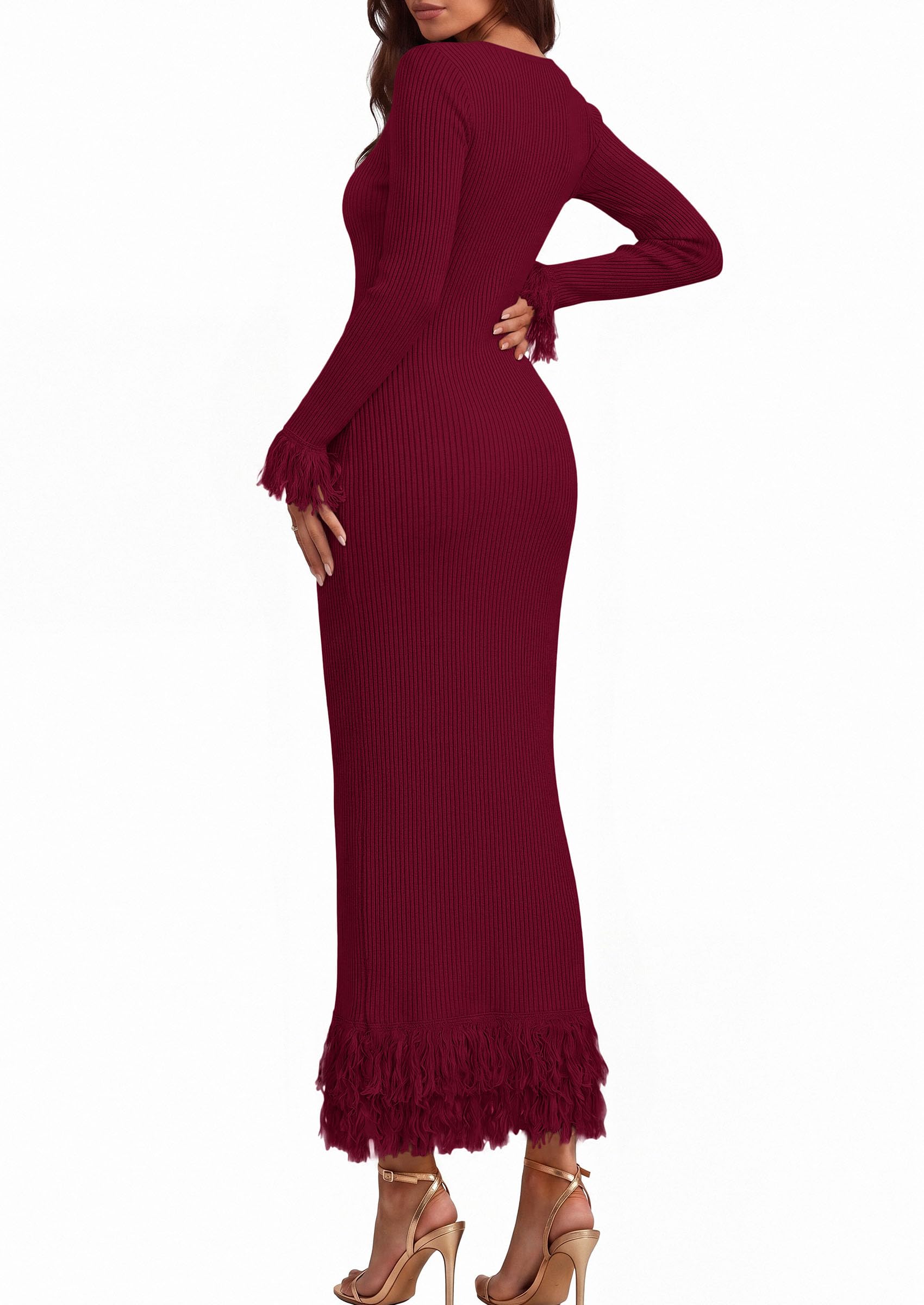 Womens Long Sleeve Bodycon Sweater Dress,Wine Red,Small