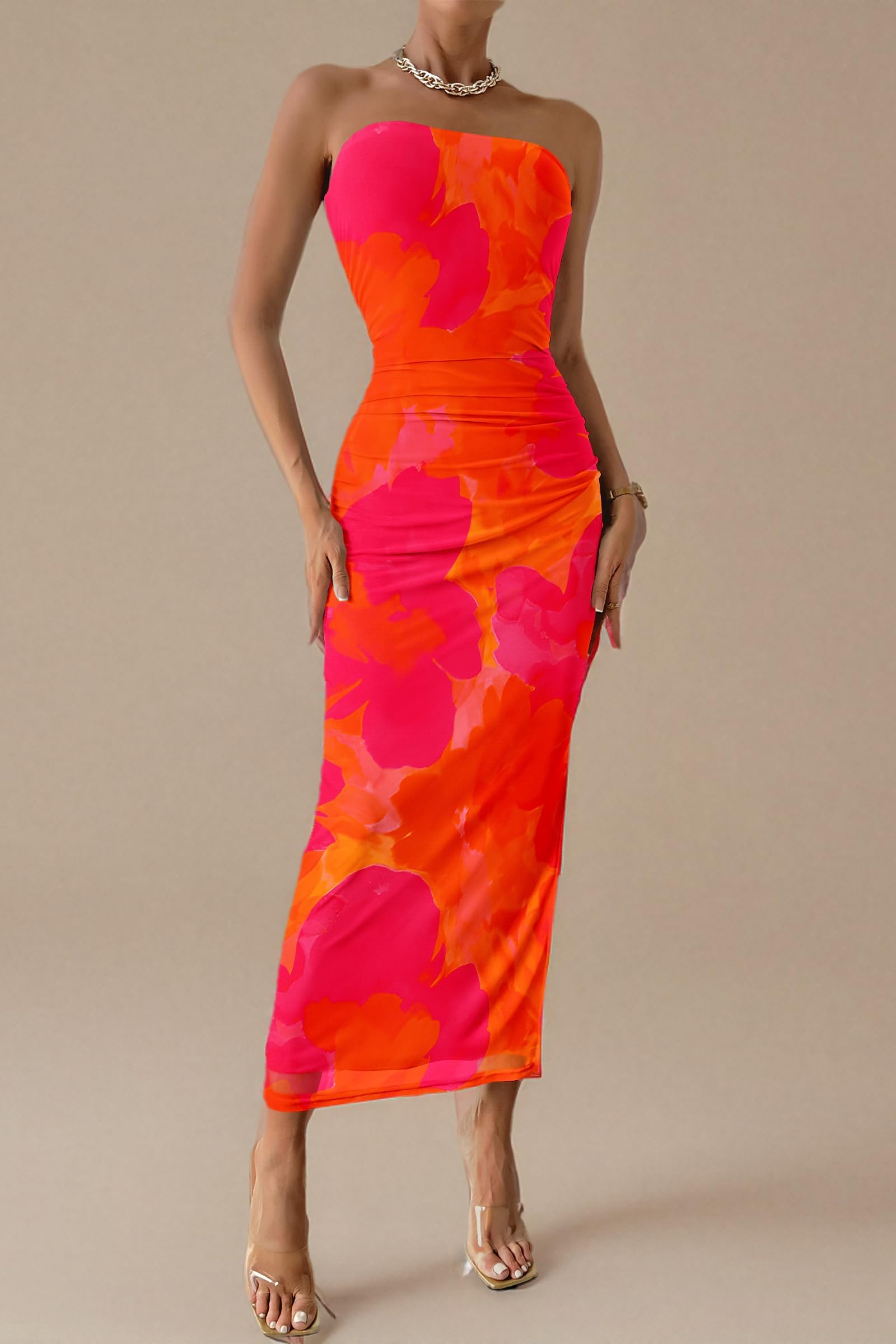 Womens Strapless Bodycon Maxi Dress, Orange Red Big Floral,S