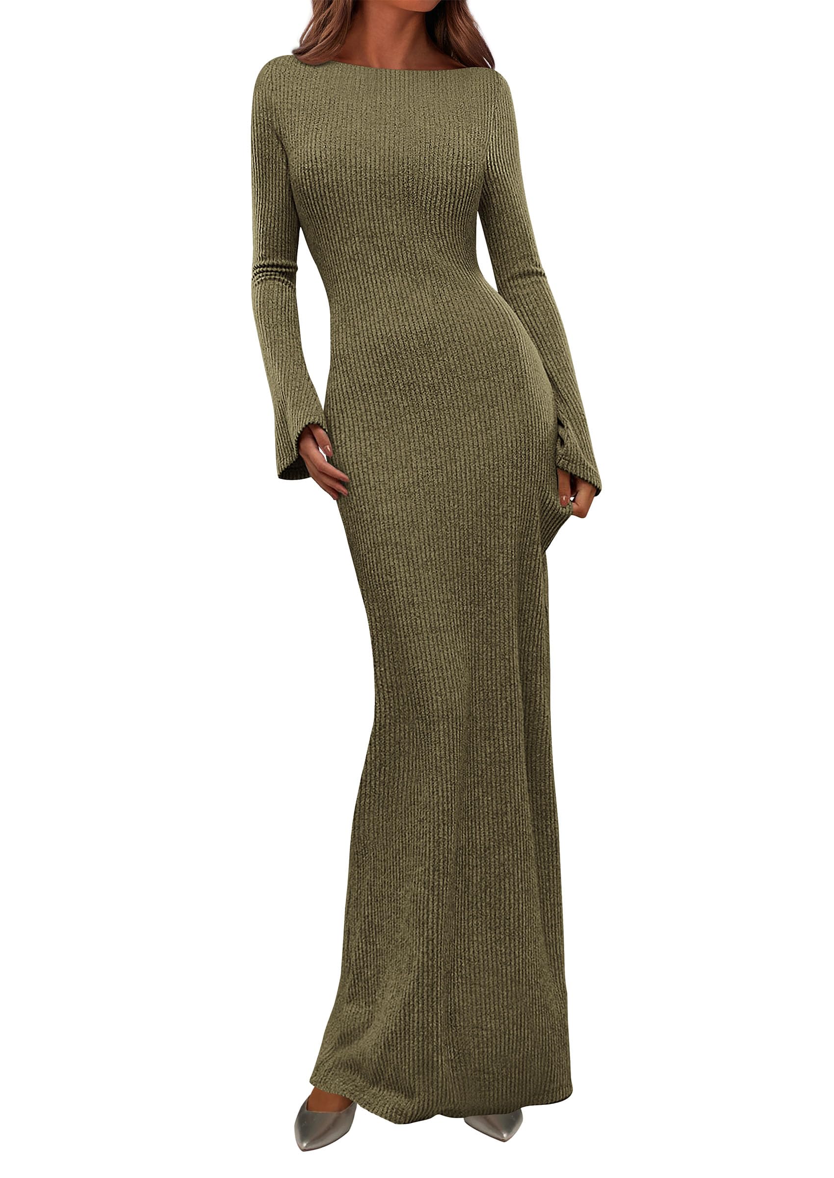 Women's Fall Long Sleeve Bodycon Maxi Dresses (Army Green,XS)