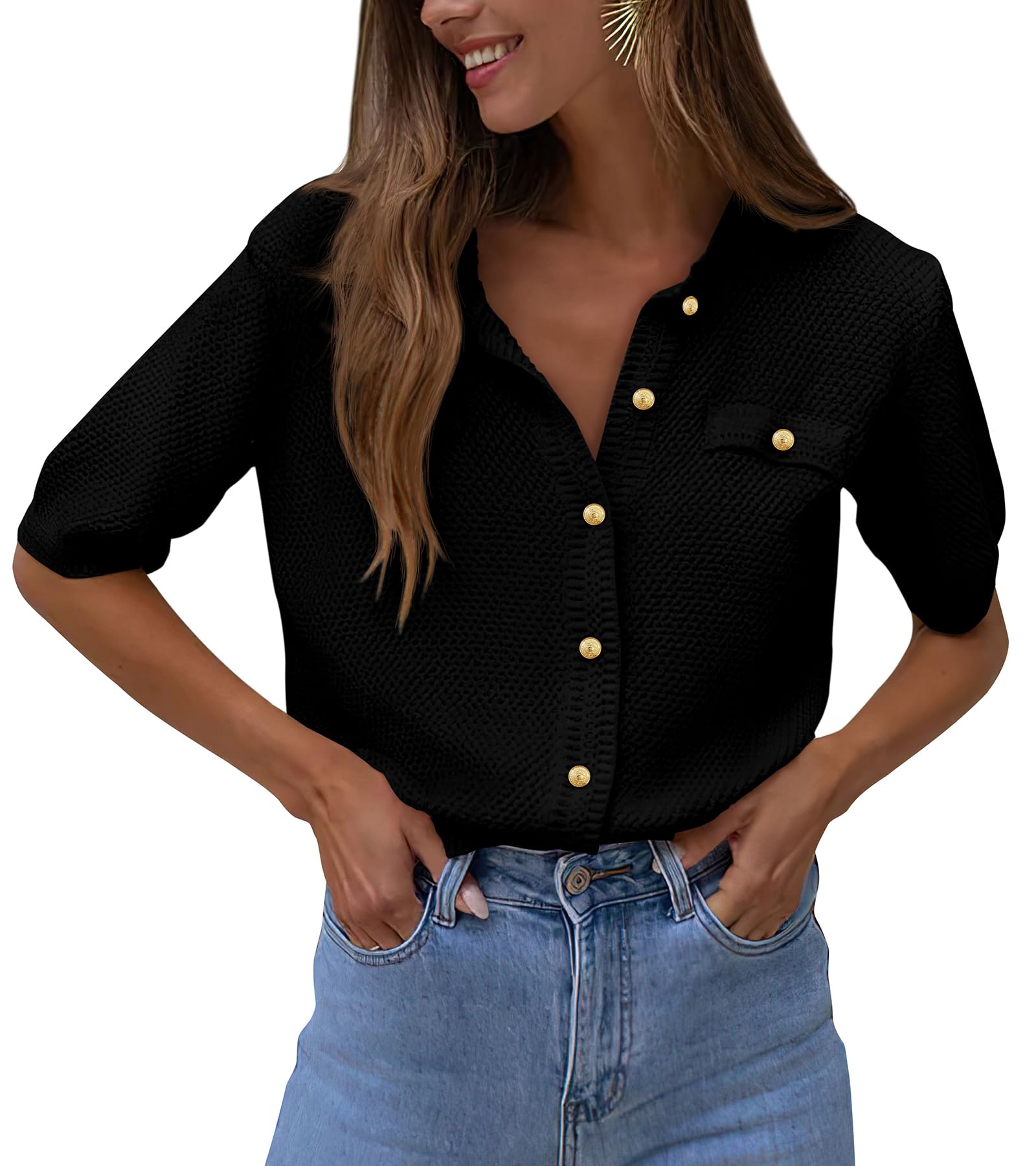 Women's Summer Casual Button Down Shirts Black,Small