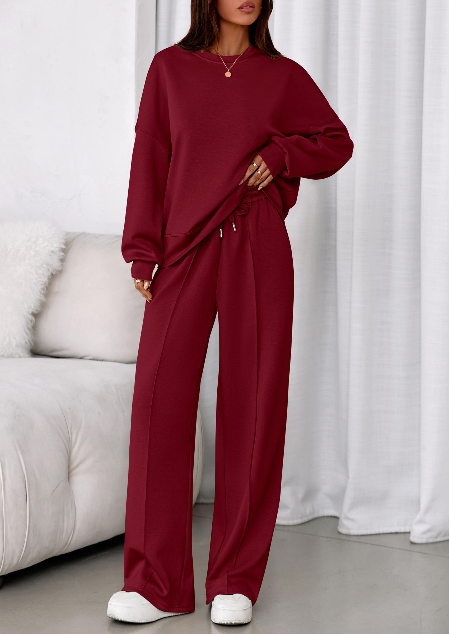 Womens Long Sleeve Sweatshirt 2 Piece Sets,Wine Red,S