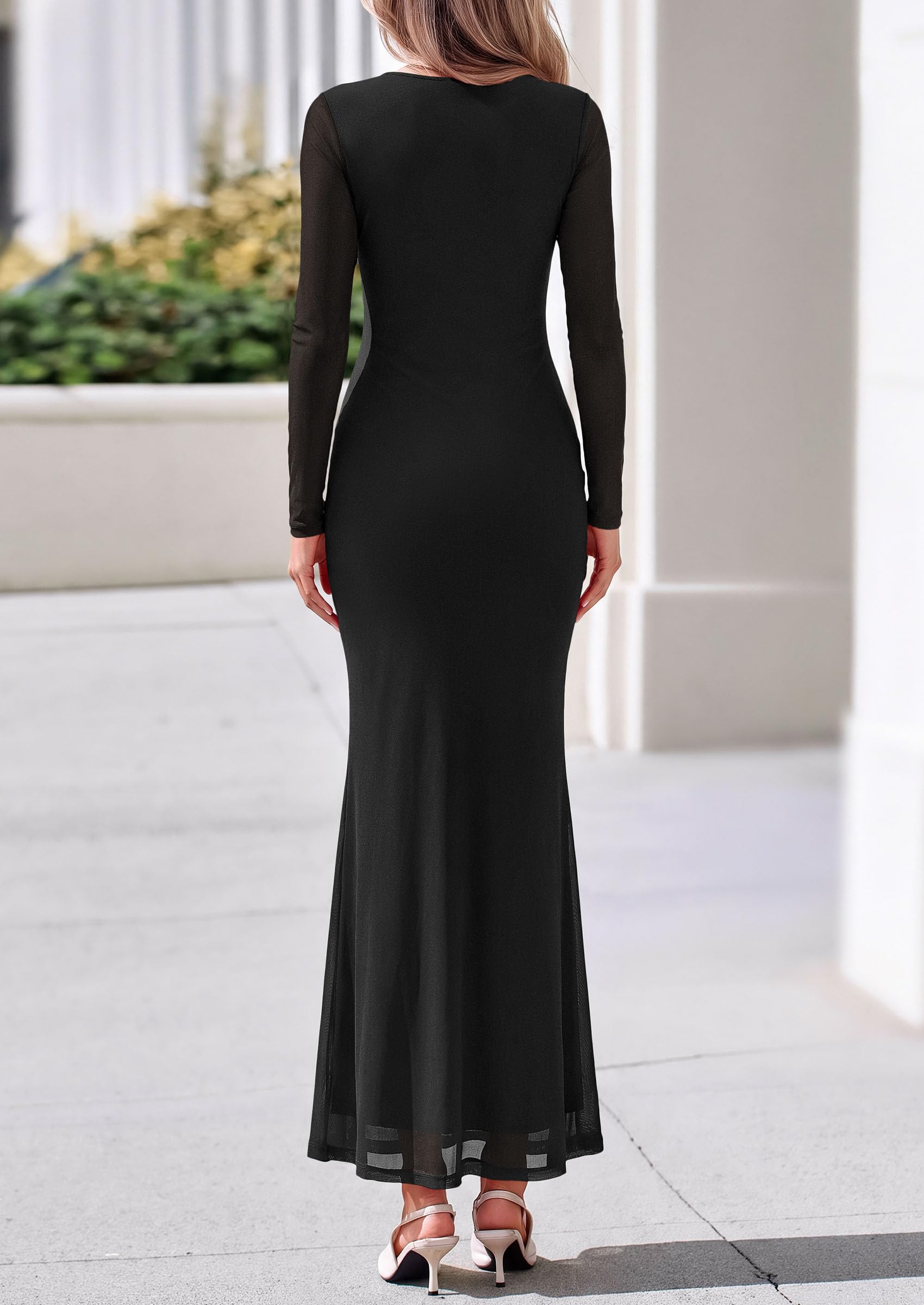 Womens Fall Long Sleeve Bodycon Tie Waist Mesh Maxi Dresses