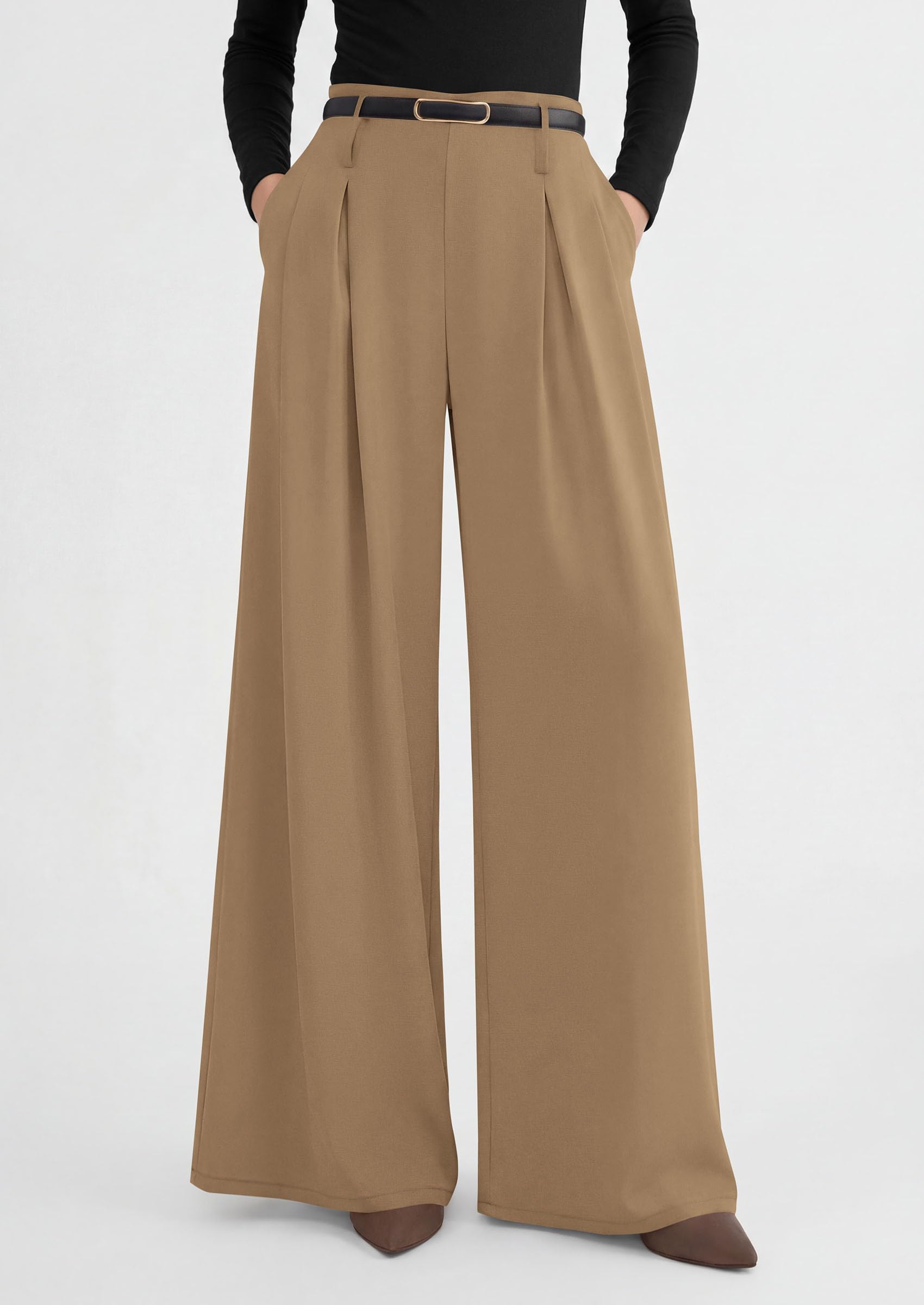 Womens Wide Leg Dress Pants Flowy Trousers,Khaki,S