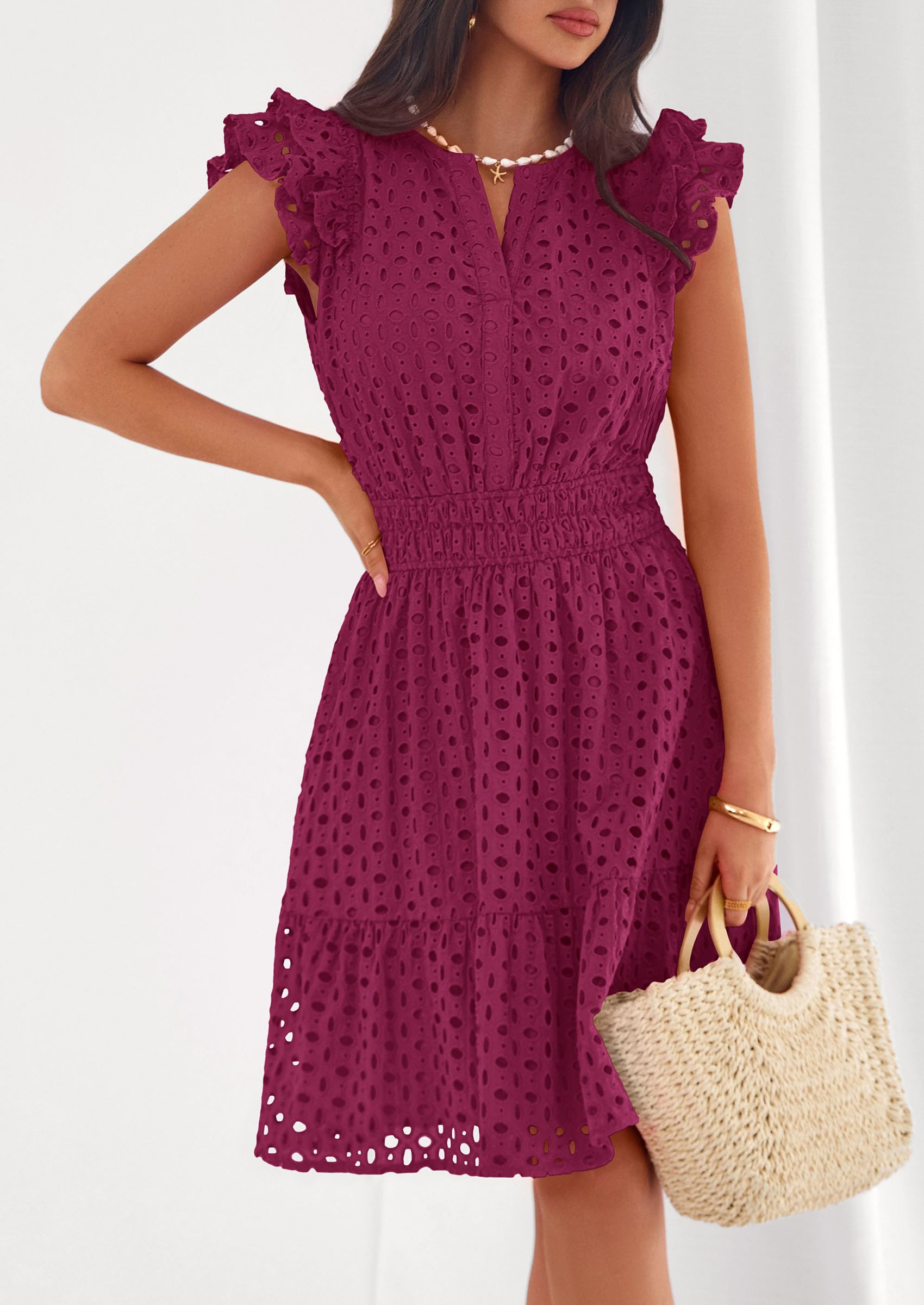 Women's Summer V Neck Eyelet Short Dress (Burgundy,Small)