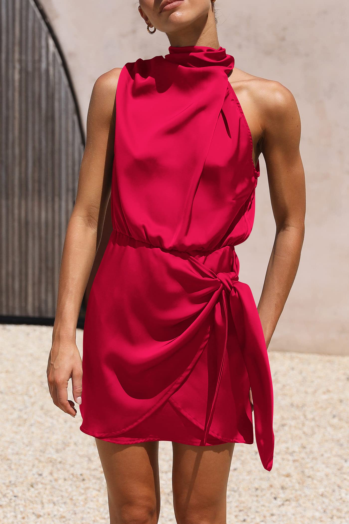 Women's Short Formal Satin Dress Summer Sleeveless Mock Neck Tie Waist Cocktail Party Dresses (Red,Small)
