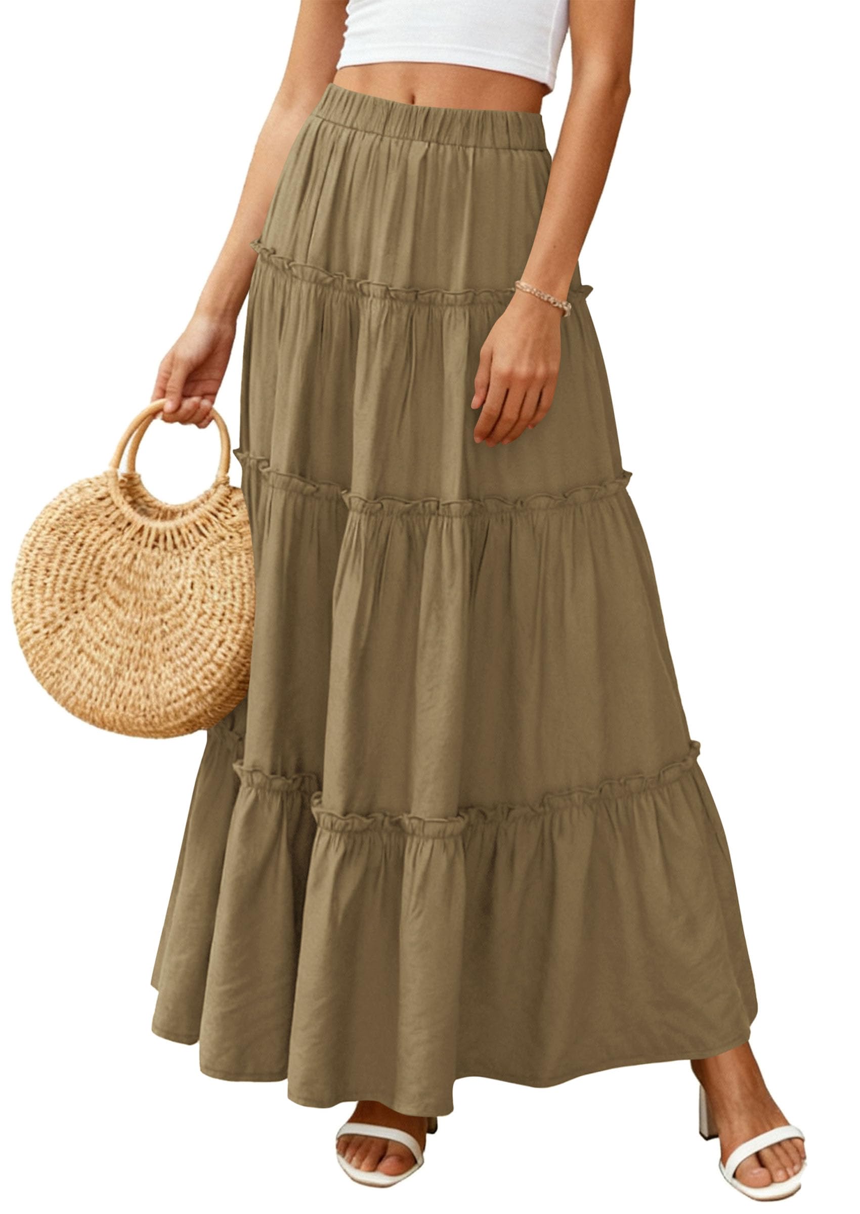 Women's Boho Tiered Ruffle Flowy Maxi Skirt, Army Green,S