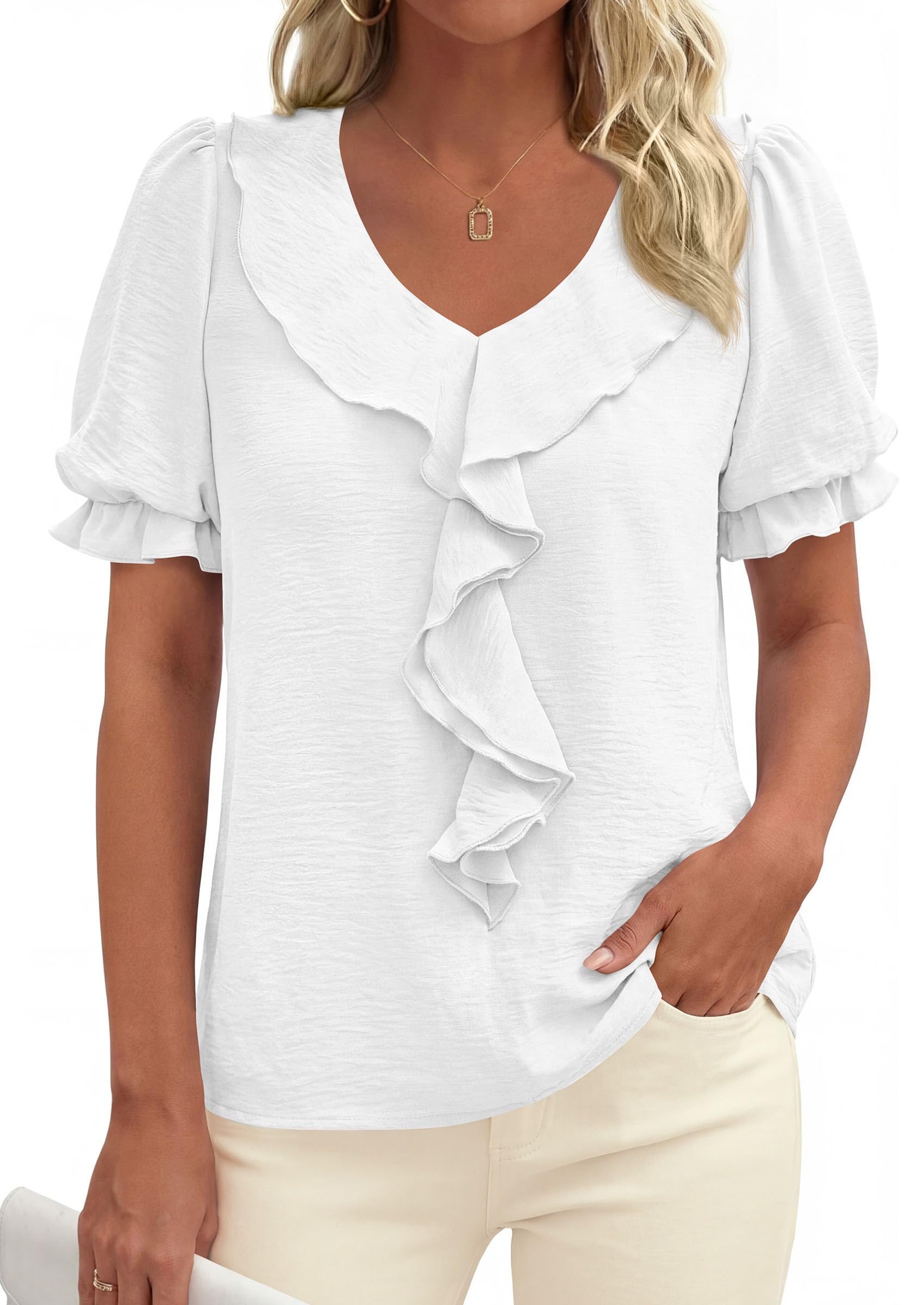 Women's Summer Ruffle Dressy Casual Blouses (White,S)