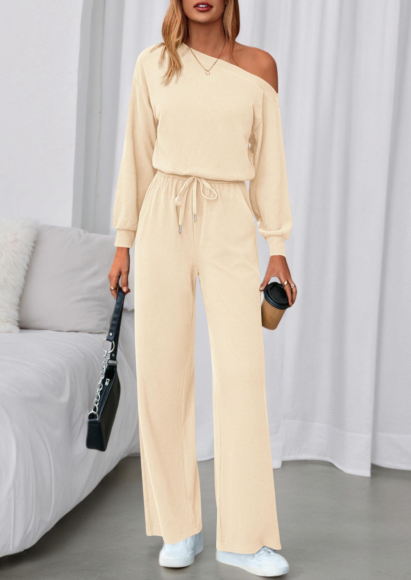 Womens Off Shoulder Long Sleeve Jumpsuit,Apricot,M