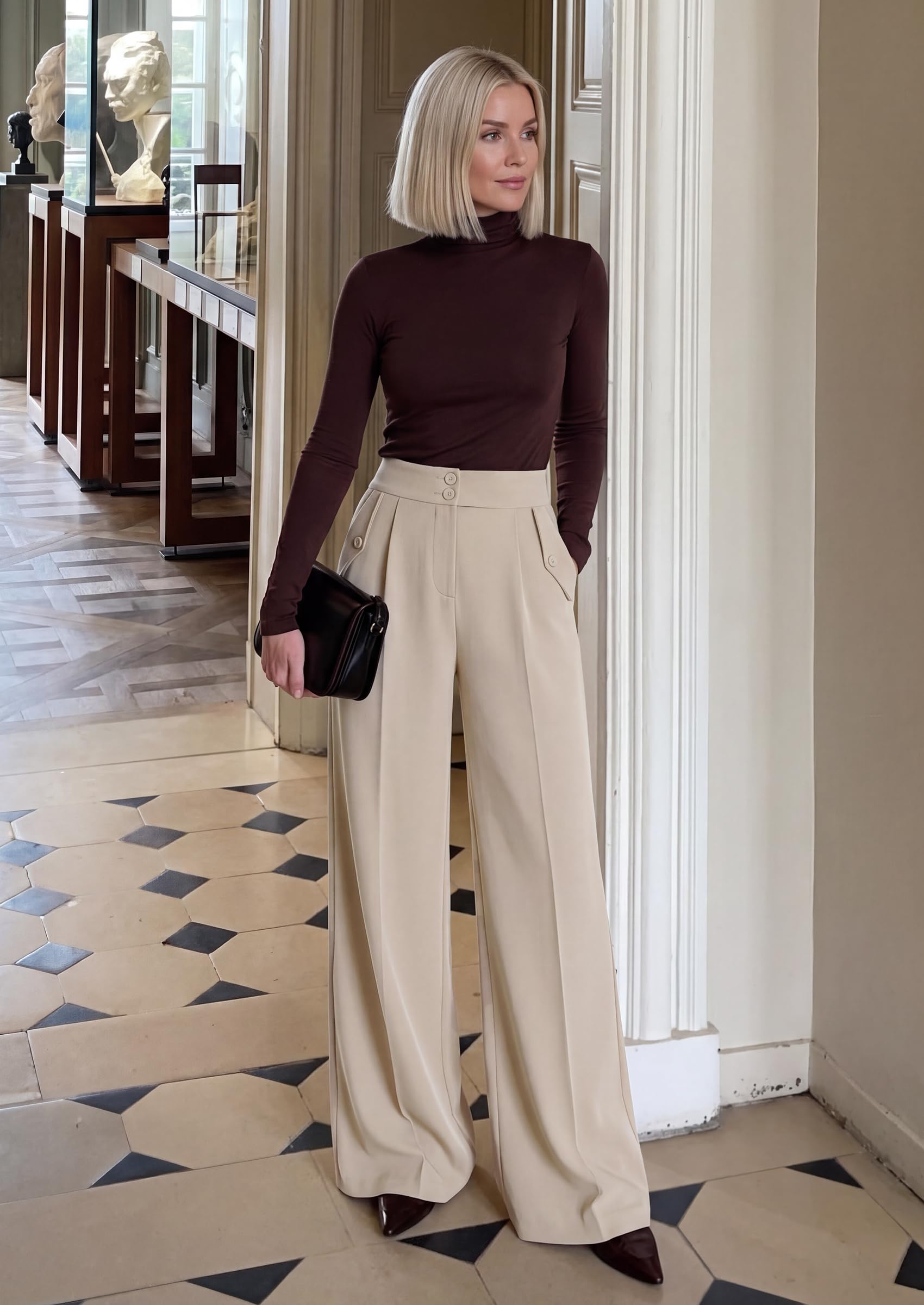 Women's Wide Leg Work Dress Pants Trousers, Beige,S