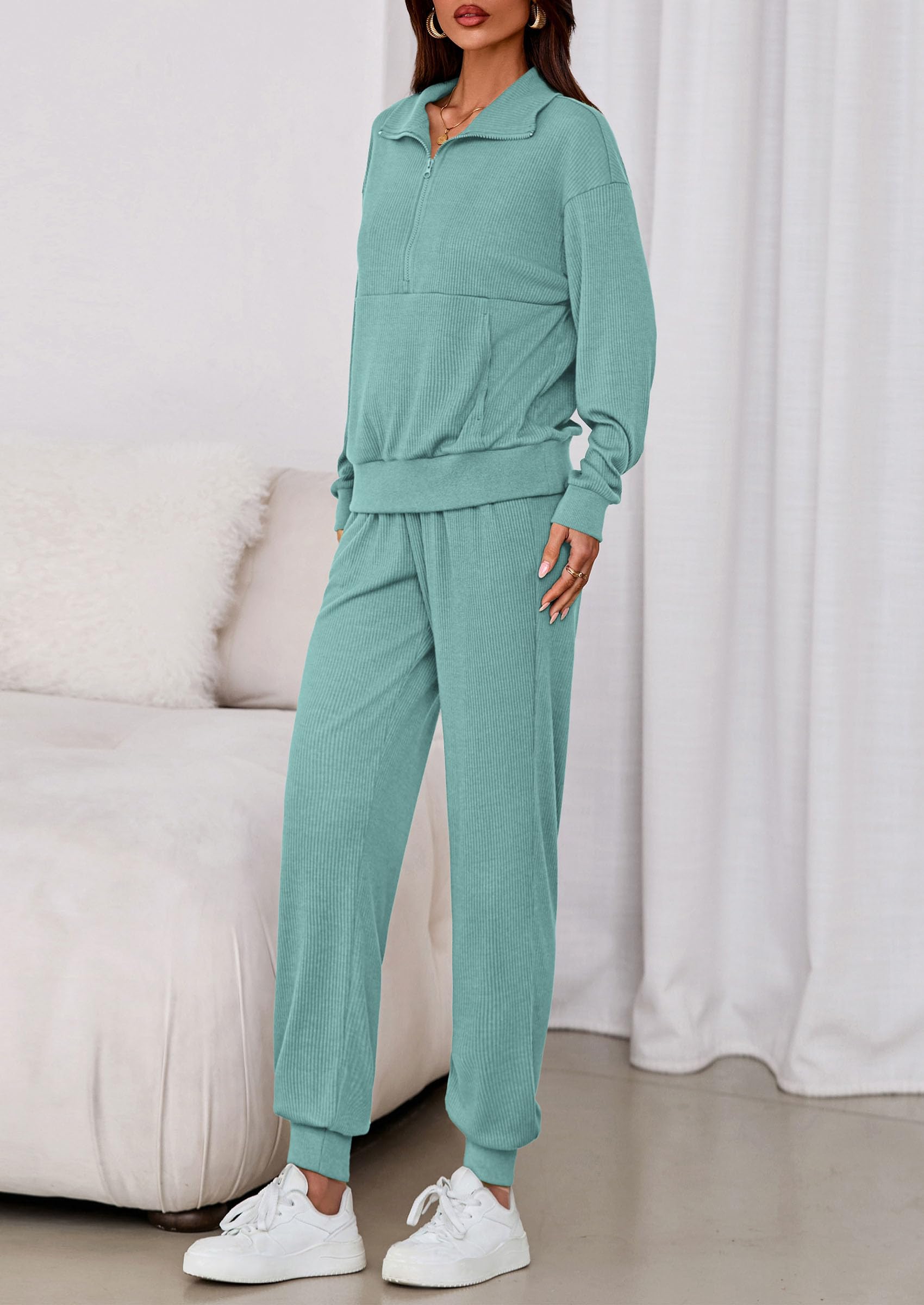 Airport Travel Outfit Women Ribbed Knit Matching Lounge Sets