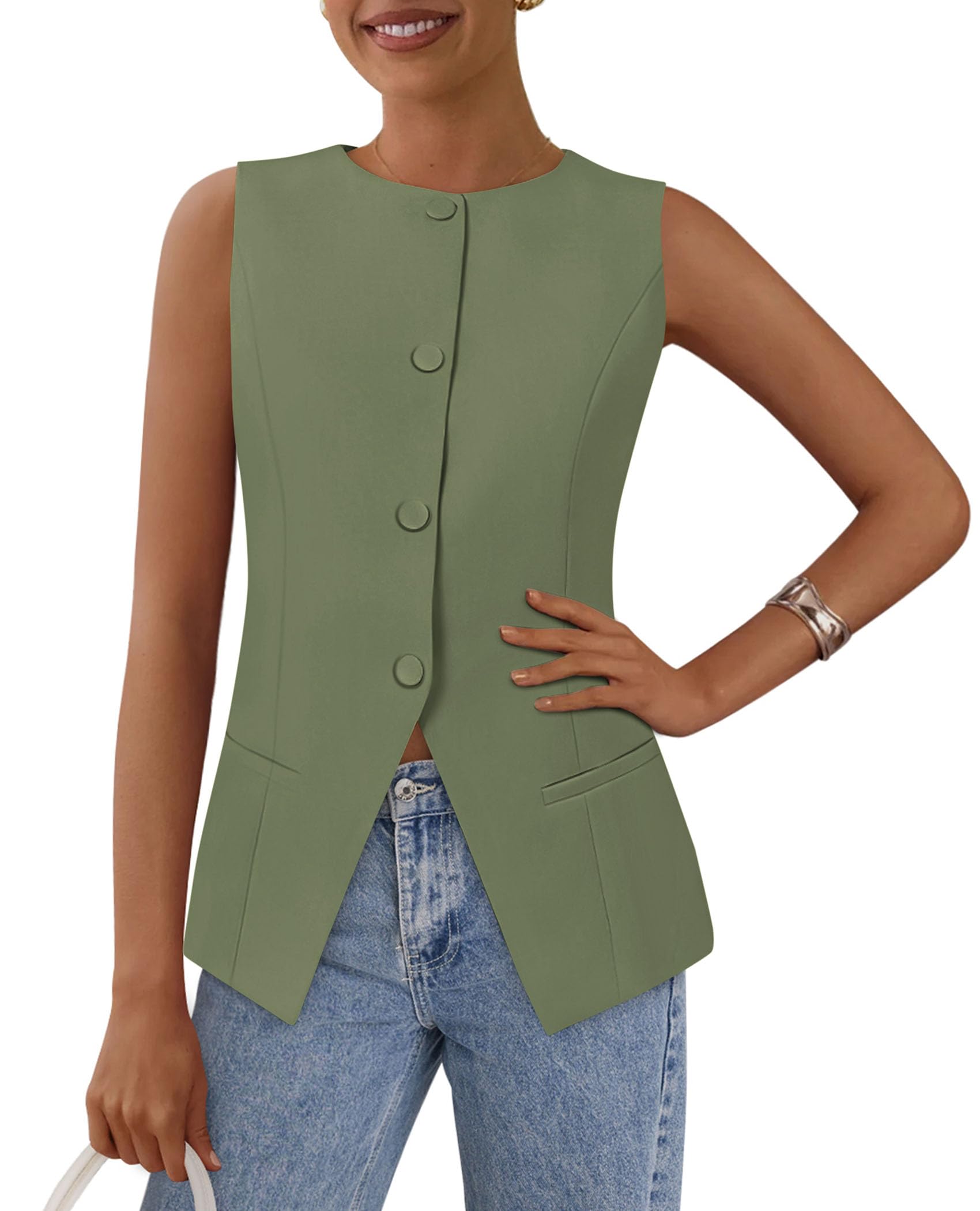 Women Tailored Suit Vest Business Casual Tops, Light Green,S