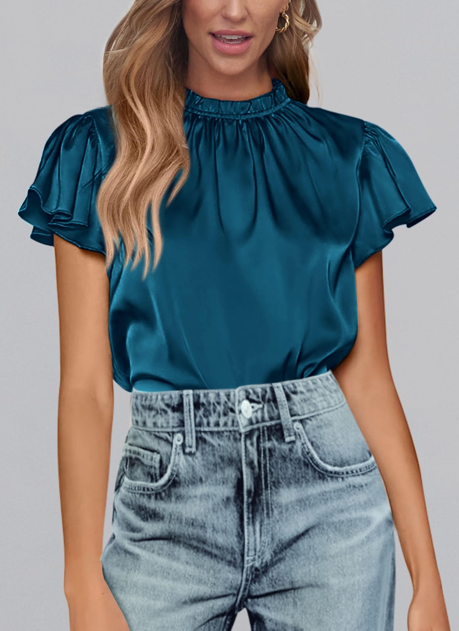 Women Satin Tops Business Casual Work Blouses, Dark Sea Blue,S