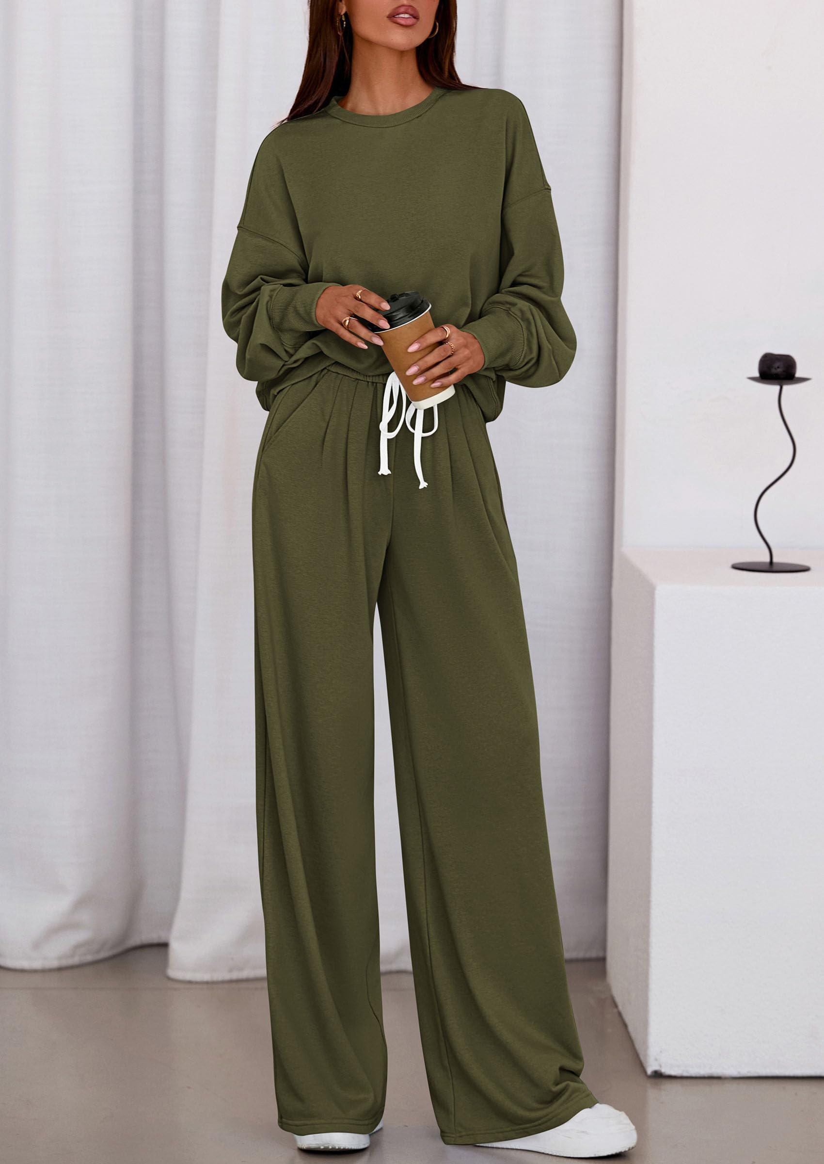 Womens Loose Fit Casual 2 Piece Lounge Set,Army Green,M