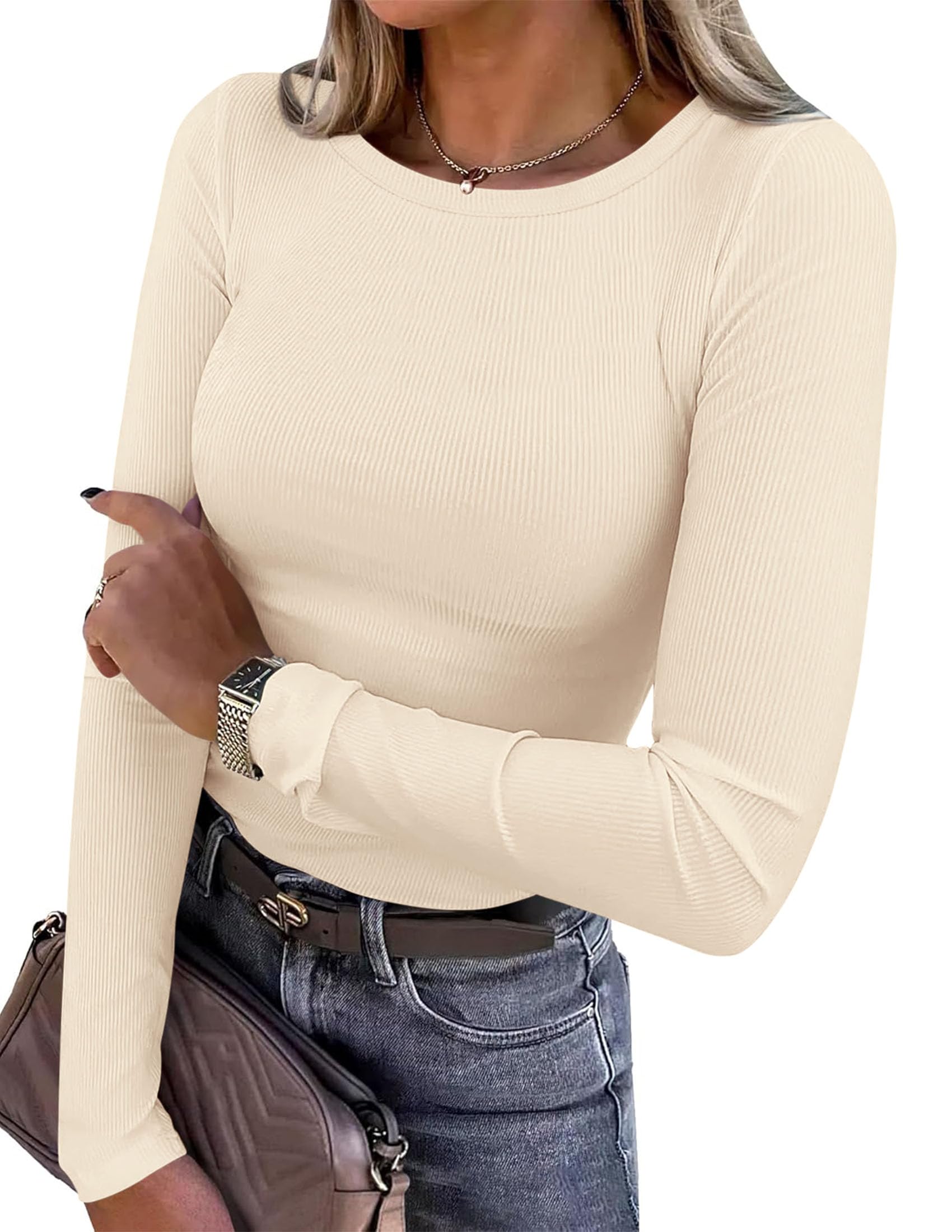 Women's Fall Long Sleeve Shirts Basic Tees (Beige,XS)
