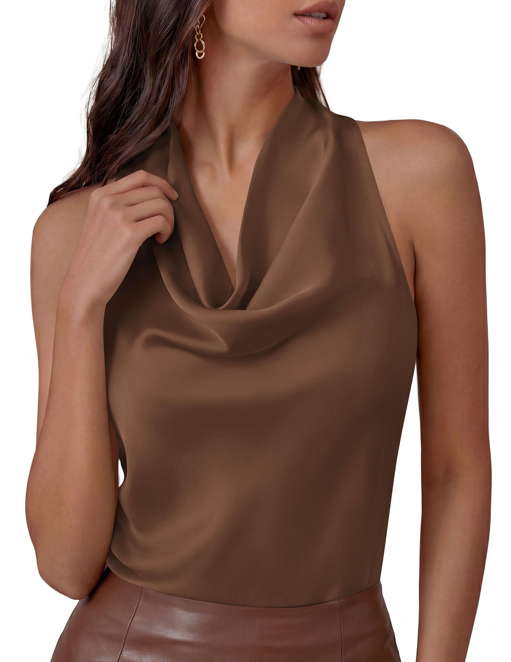Satin Halter Tops for Women Dressy Casual Brown,XS