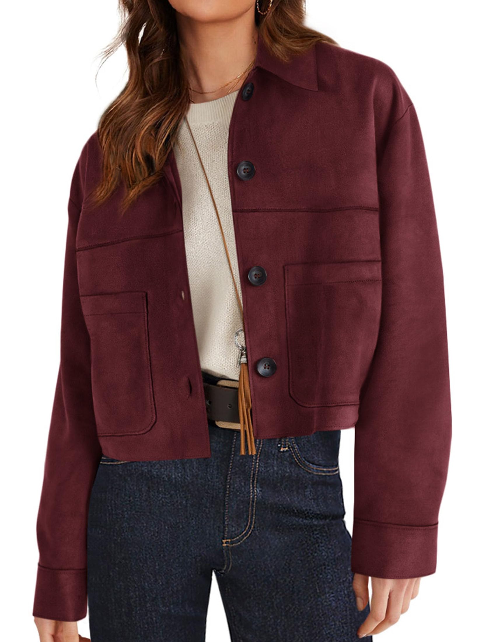 Women's Faux Suede Shacket Jackets Lightweight Cropped Coats