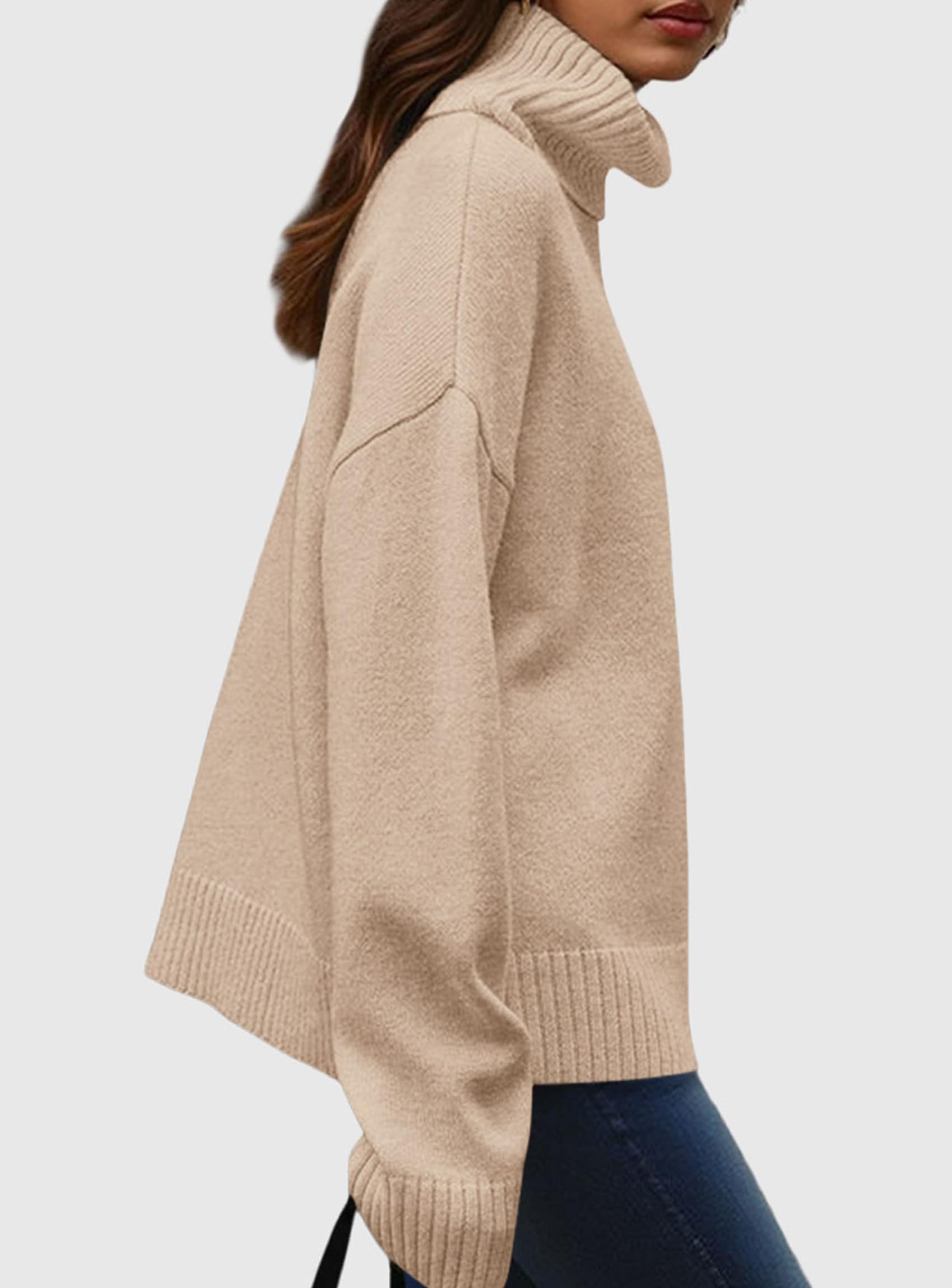 Womens Turtleneck Long Sleeve Knit Sweater,Khaki,M