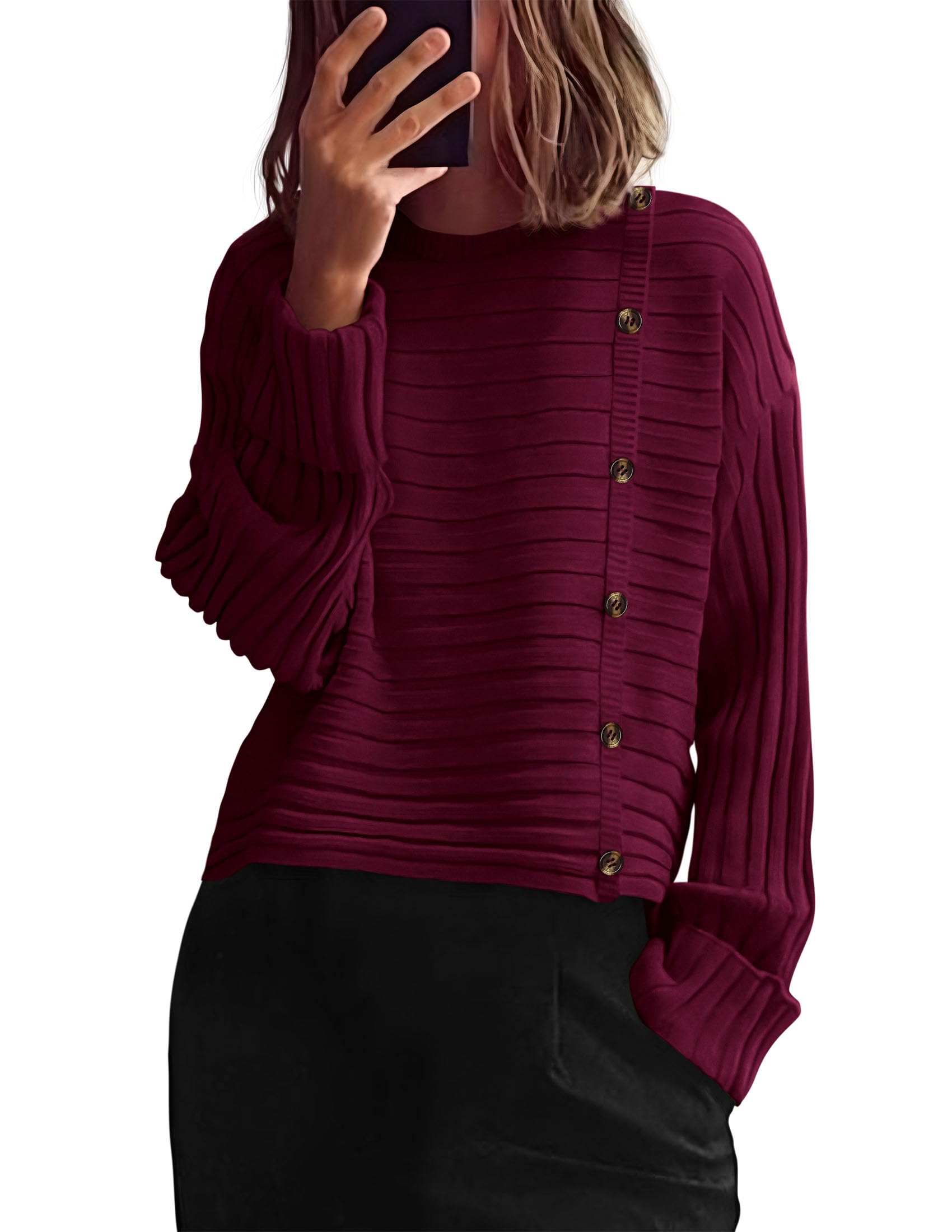 Womens Asymmetric Button Long Sleeve Sweater,Wine Red,S
