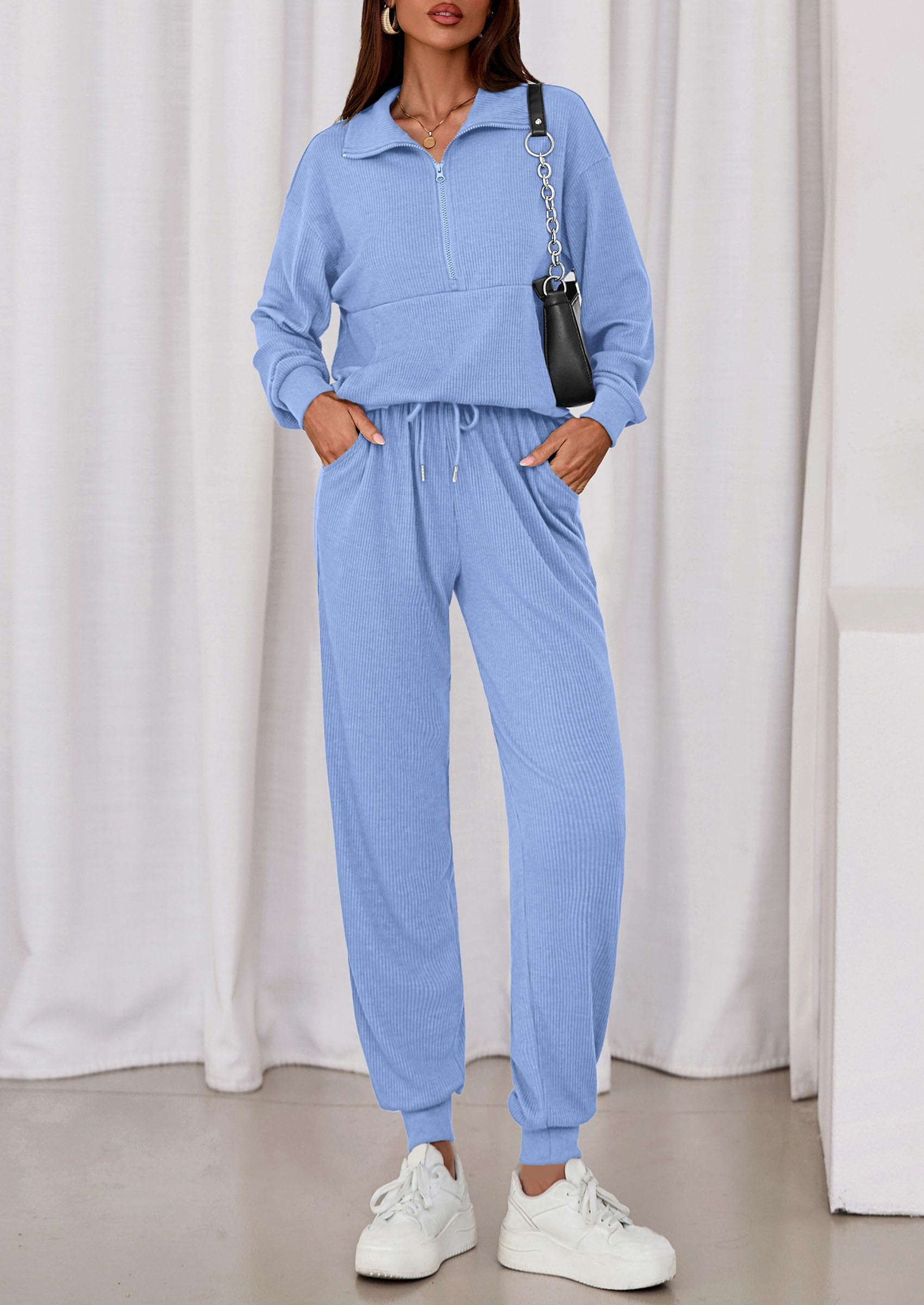 Airport Travel Outfit Women Ribbed Knit Matching Lounge Sets